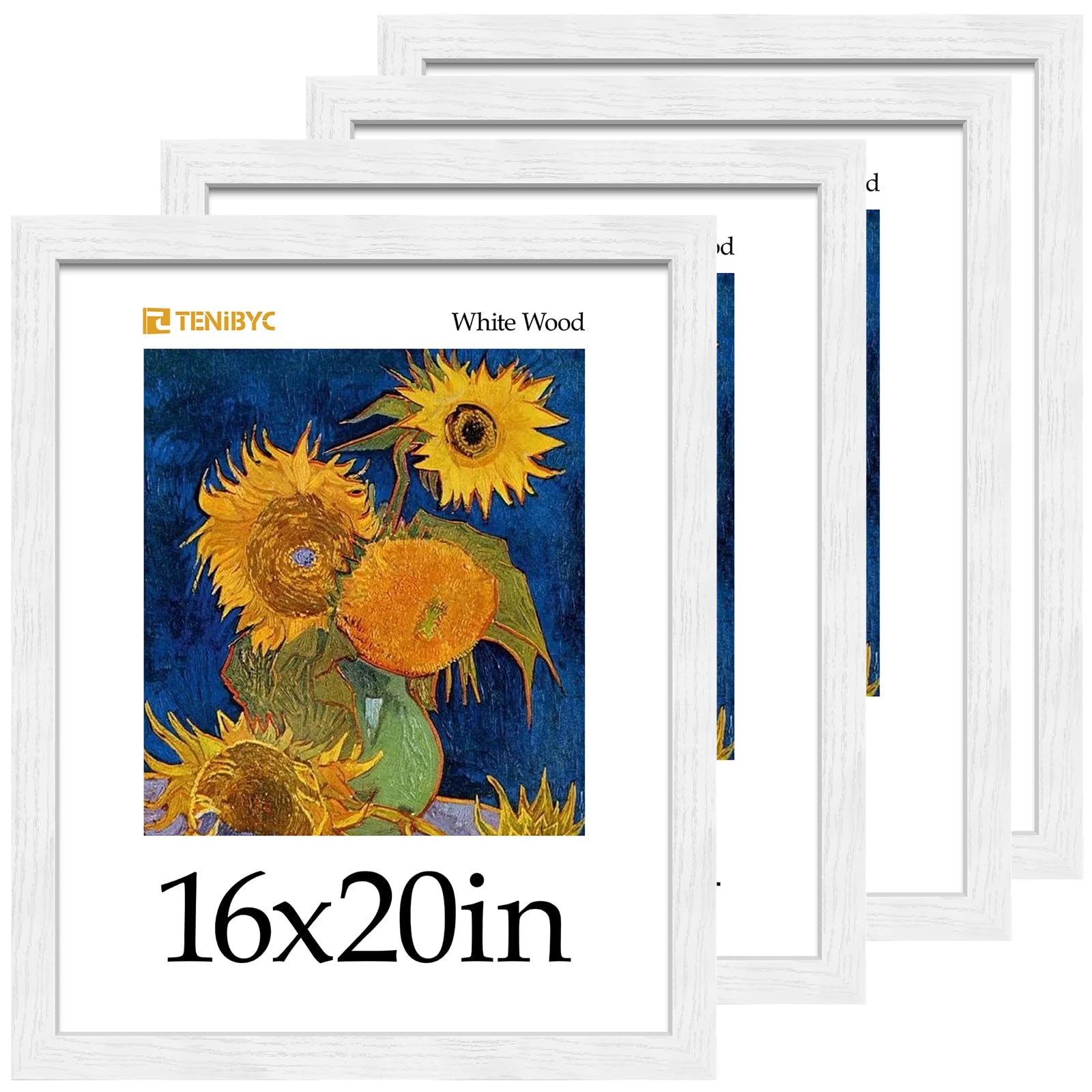 TENIBYC 16x20 Frame 4 Pack - White, HD Tempered Glass, Wood Poster Frame, Display 16 x 20 Photos, Posters, and Puzzles, Gallery 