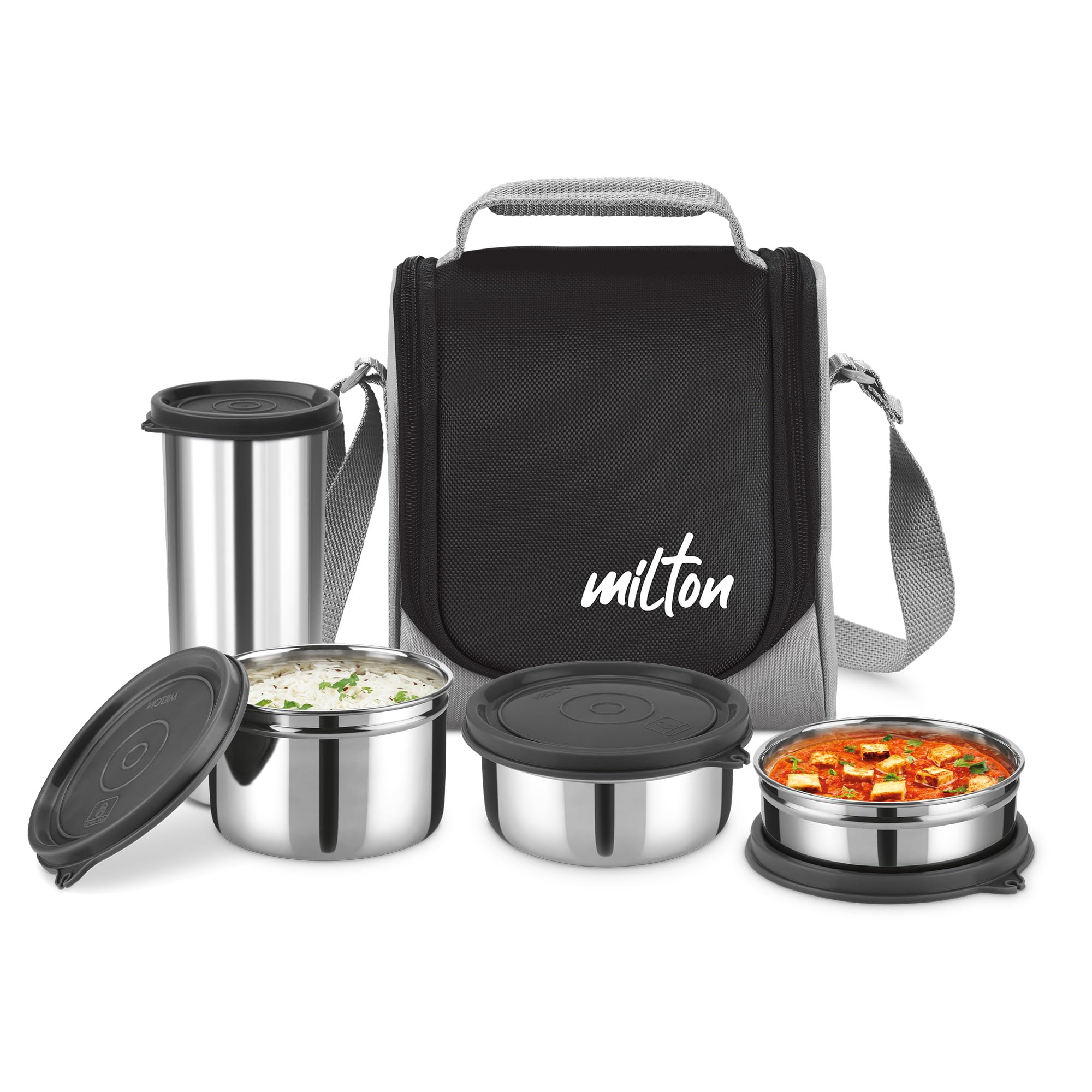 Milton Tasty 3 Insulated Stainless Steel Combo Lunch Box, 3 Containers (200 Ml, 350 Ml, 500 Ml) And 1 Tumbler, 400 Ml, Black, Le
