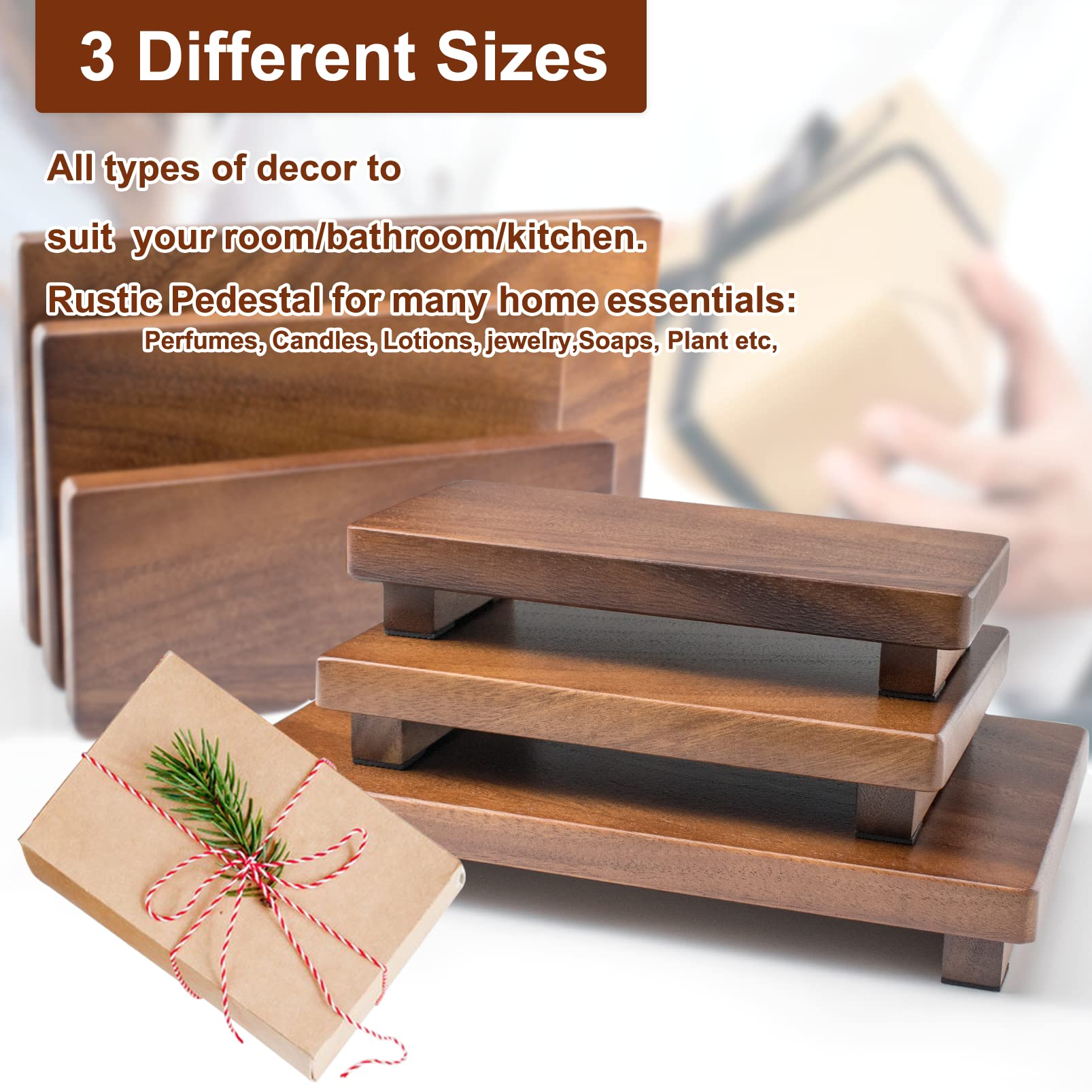 kulusion Walnut Wood Pedestal Stand, Wooden Soap Tray Farmhouse Decor Wood Riser Display for Bottle Plant Makeup Tissues Candles