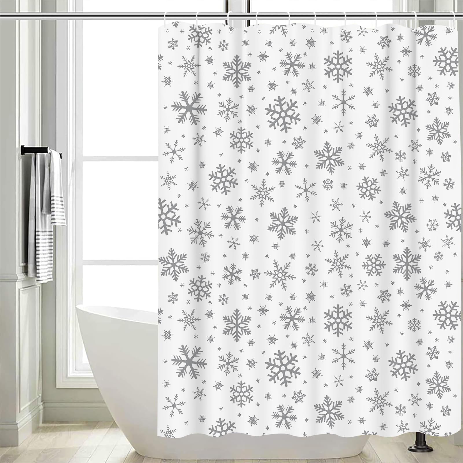 Spxubz Grey Snowflake Shower Curtain Christmas Winter Holiday Shower Curtains White Waterproof Bathroom Decor Polyester Fabric C