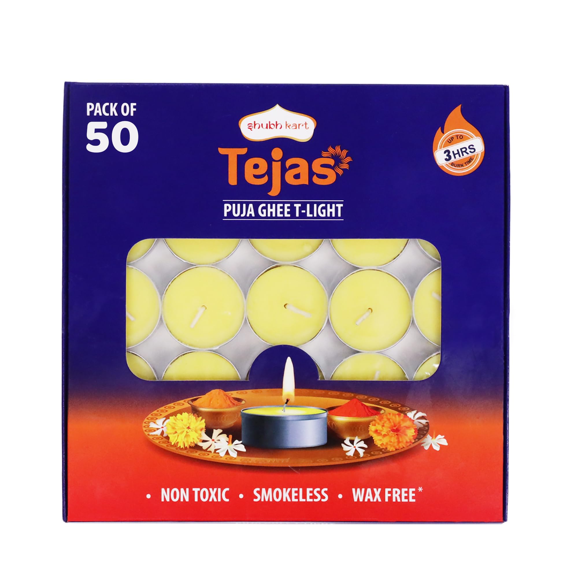 Shubhkart Tejas Puja Ghee T-Light Candles 50N | Non Toxic Smokeless & Wax Free Tea Light Candles Perfect For Home Decor, Prayers