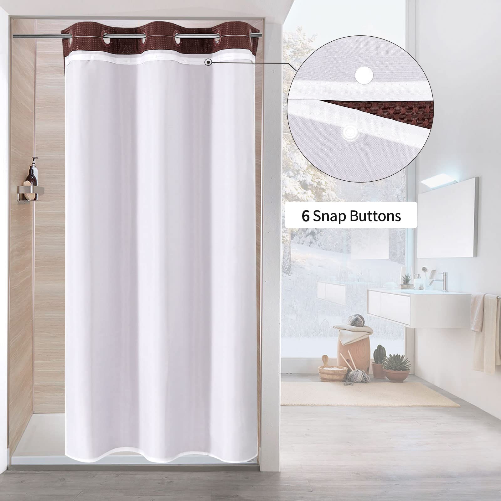 Mitovilla Brown Waffle Small Stall Shower Curtain 36 X 74, No Hooks Required Half Size Narrow Fabric Shower Curtain Set With Sna