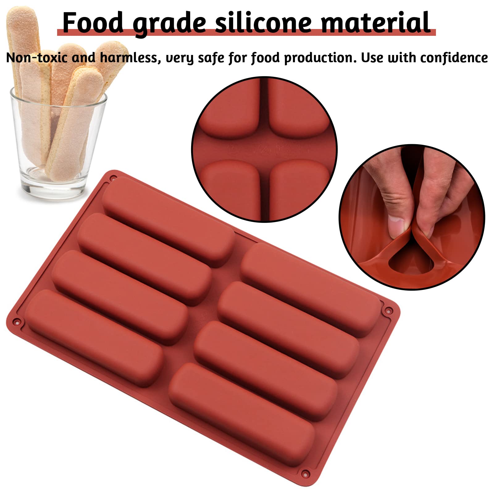 2 Pcs Finger Biscuit Silicone Mould, 8 Cavities Cereal Bars Baking Mould, Non-Stick Chocolate Bar Mold, For Cnady, Eclair, Bread