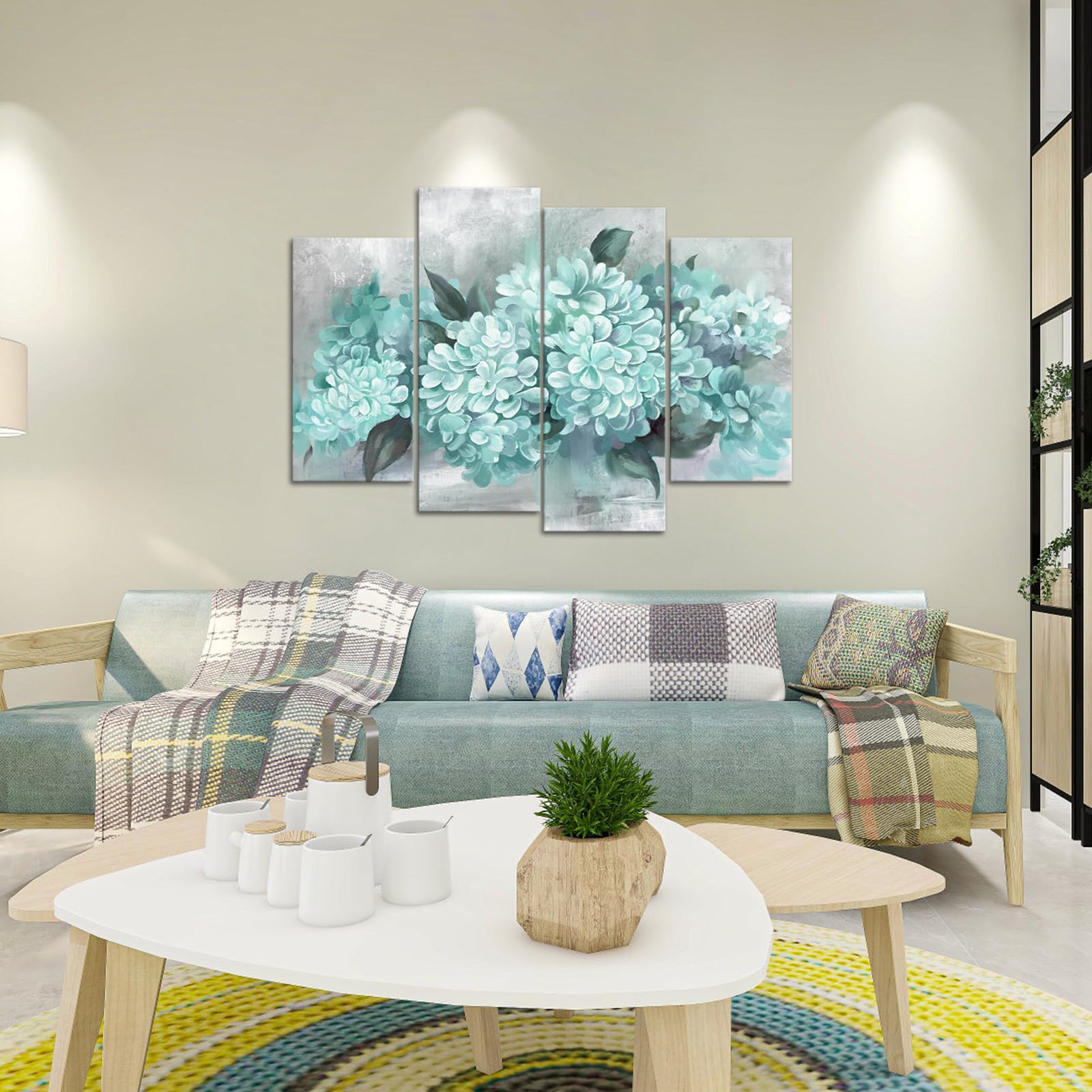 Ryounoart Aqua Pictures Wall Decor Hydrangea Canvas Paintings Teal Flower Art Prints For Living Room Bedroom Framed Large
