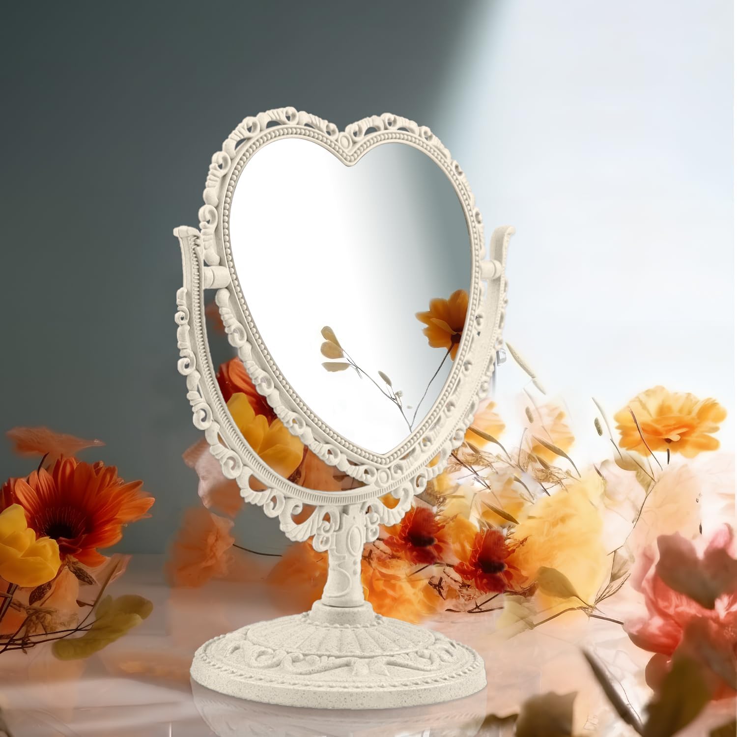 Qeeyon Beige Heart Vanity Mirror 360 Degree Swivel Makeup Mirror Aesthetic Mirror Double Sided Table Desk Countertop Mirror Stan
