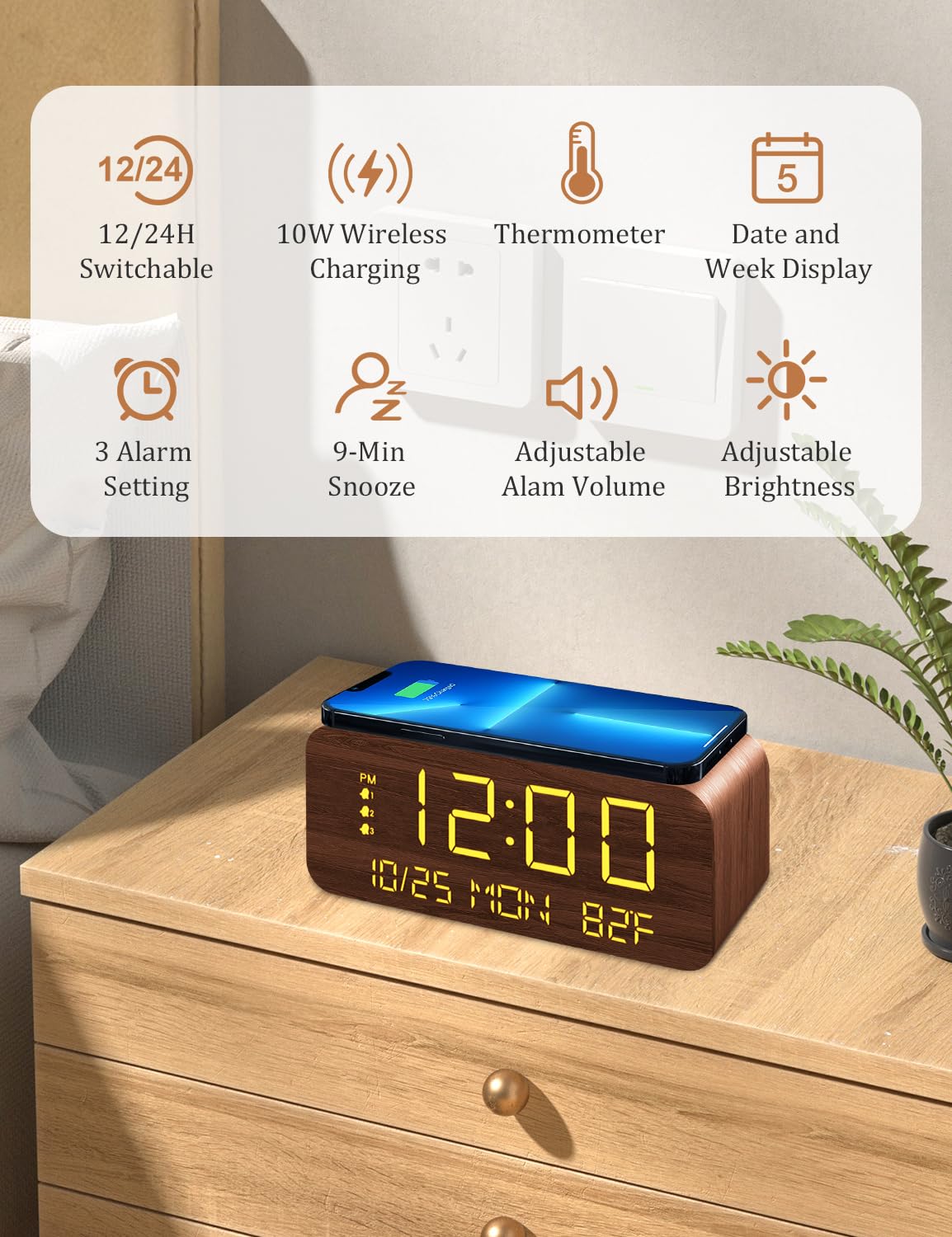 Digital Alarm Clock, with Wooden Electronic LED Time Display, 3 Alarm Settings, 10W Wireless charging, Day of the week, Temperat