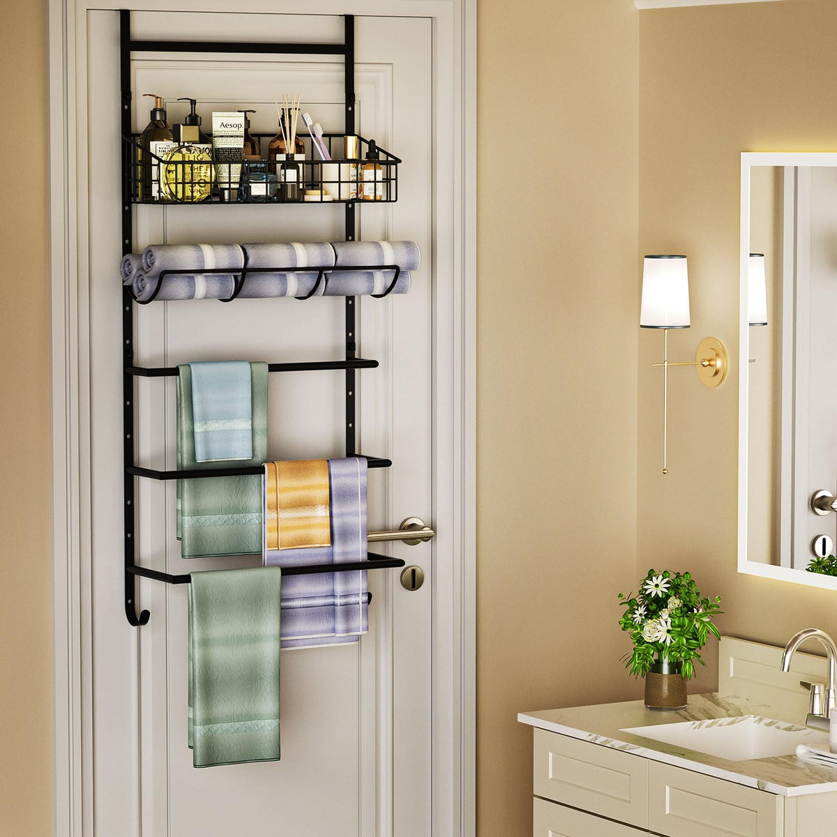 X-Cosrack Adjustable Towel Racks For Bathroom Door Hanging, 5 Tiers Over The Door Towel Rack With Hooks, Bathroom Towel Holder W