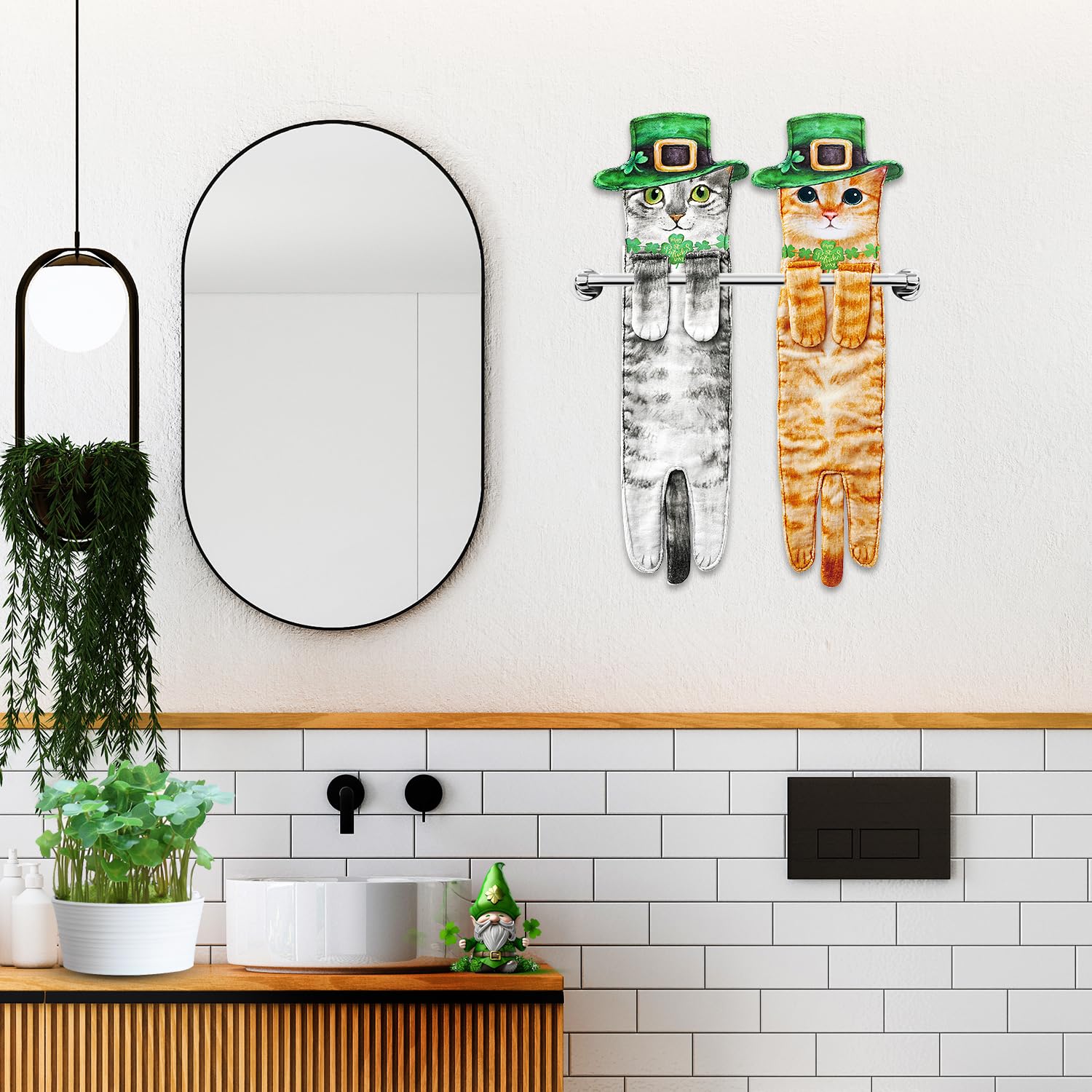 Funny St Patricks Day Cat Hand Towels For Bathroom Kitchen - Cute Green Shamrock Decorative Cat Decor Hanging Towels Super Absor