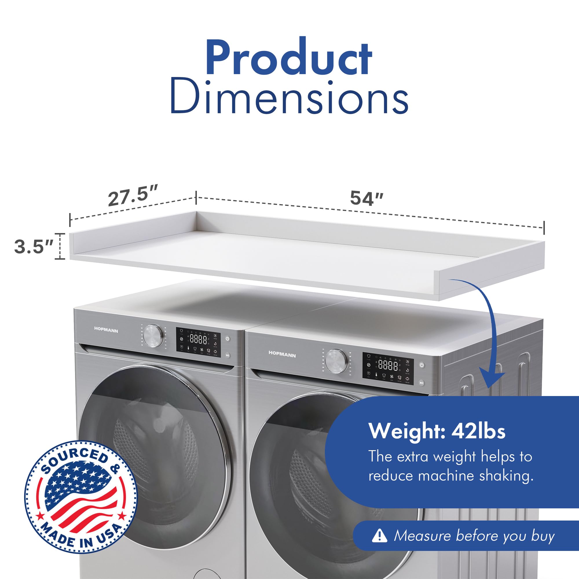 Officesimpli Washer Dryer Countertop, Made In Usa, Non-Slip Pads, Easy Clean, Laundry Room Essentials And Decor, Washer Dryer Wo