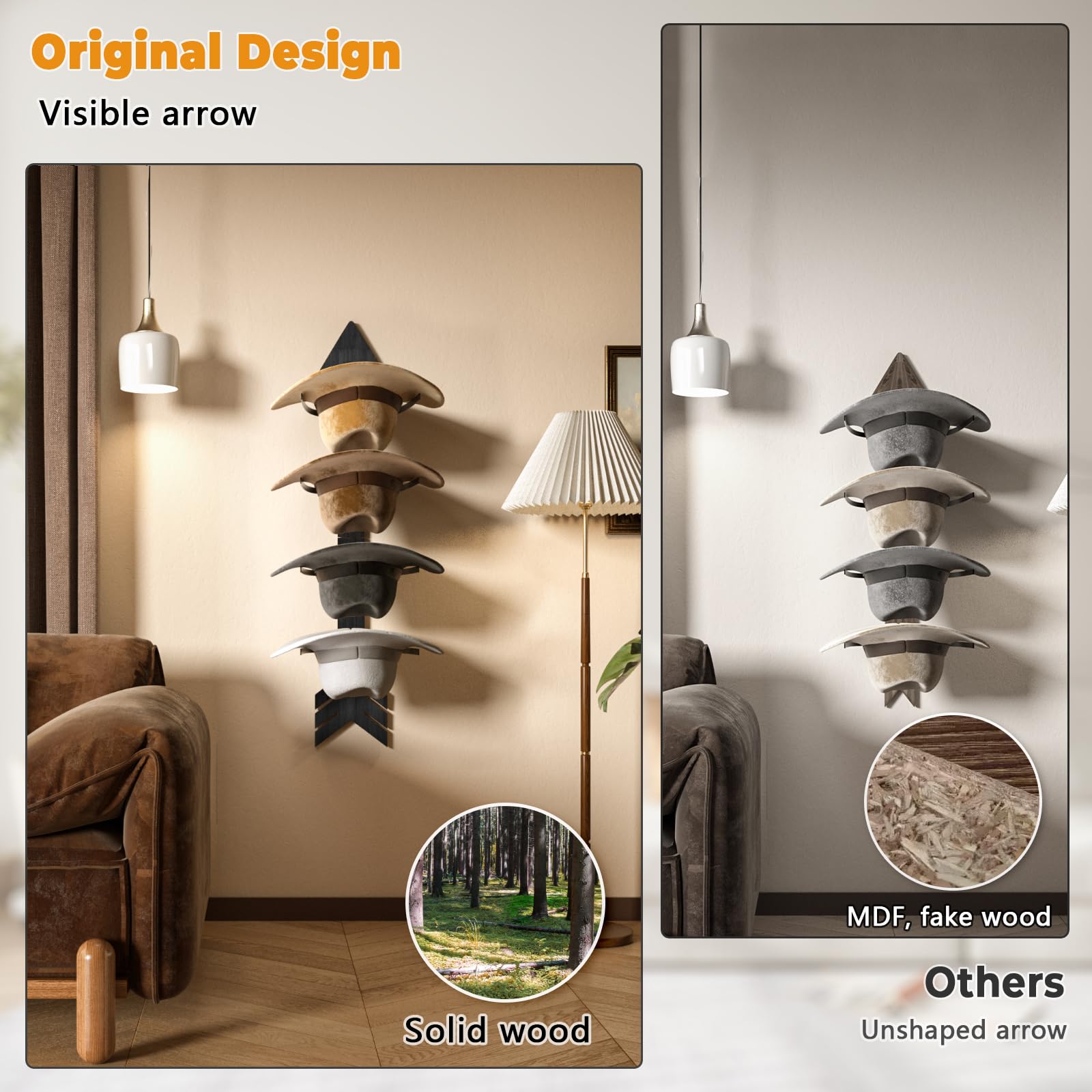 Hydermus Cowboy Hat Holder For Wall Mount 8 Pieces Rustic Wood Arrow Design Hat Rack Cowboy Hat Organizer Western Bedroom Decor
