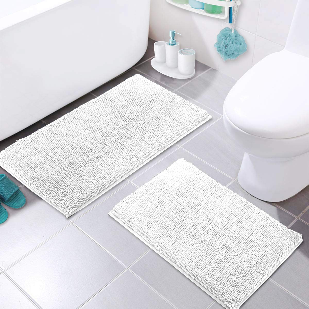 Luxurux White Bathroom Rugs, Bathroom Rug Set-Extra-Soft Plush White Bath Mat, 1'' Chenille Microfiber Material, Super Absorbent