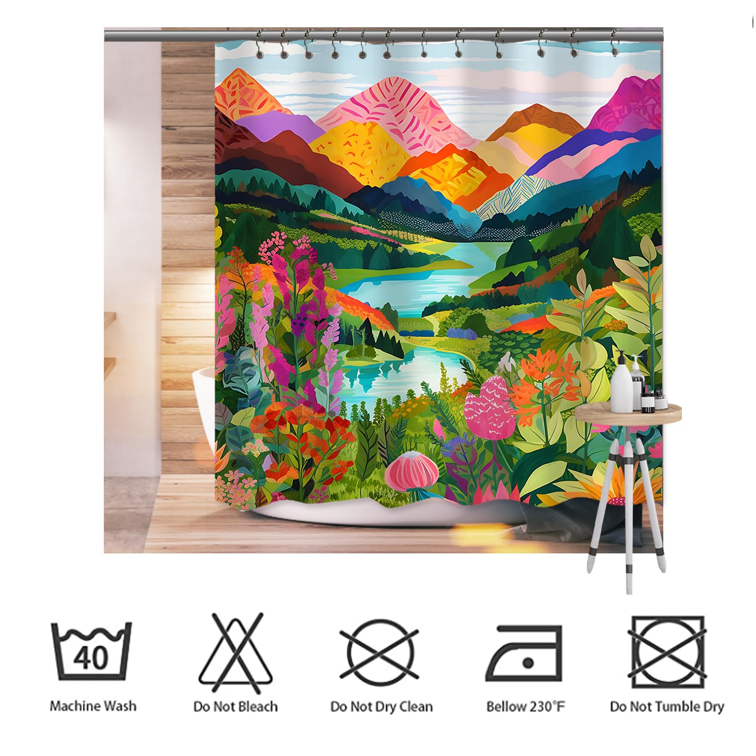 She Love Mountain Abstact Shower Curtain Nature Forest Lake Watercolor Art Painting Landscape Colorful Green Shower Curtain With