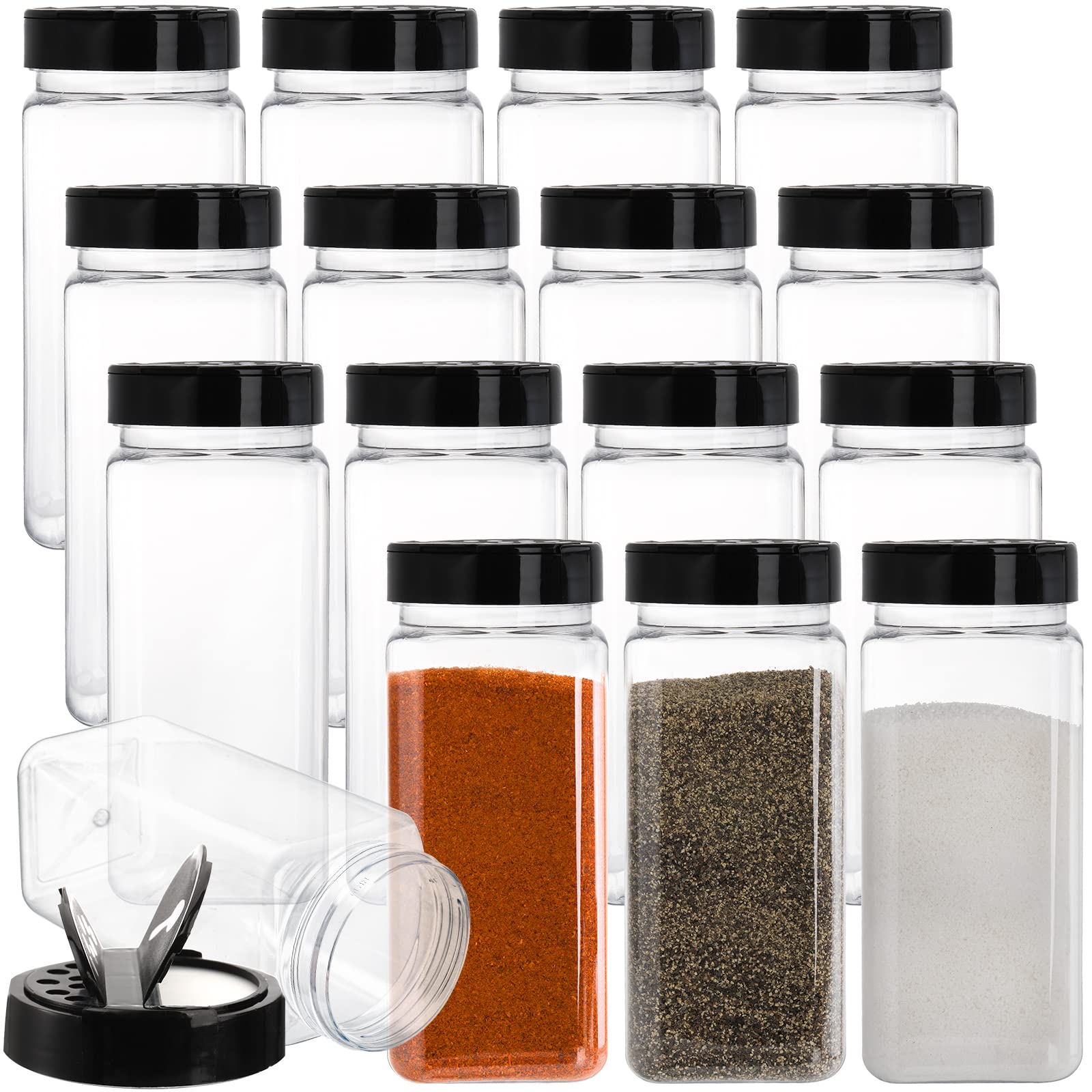Hacaroa 16 Pack 21 Oz Plastic Spice Jars With Shaker/Pourer Lids, Square Empty Seasoning Containers Clear Spice Bottles For Dry