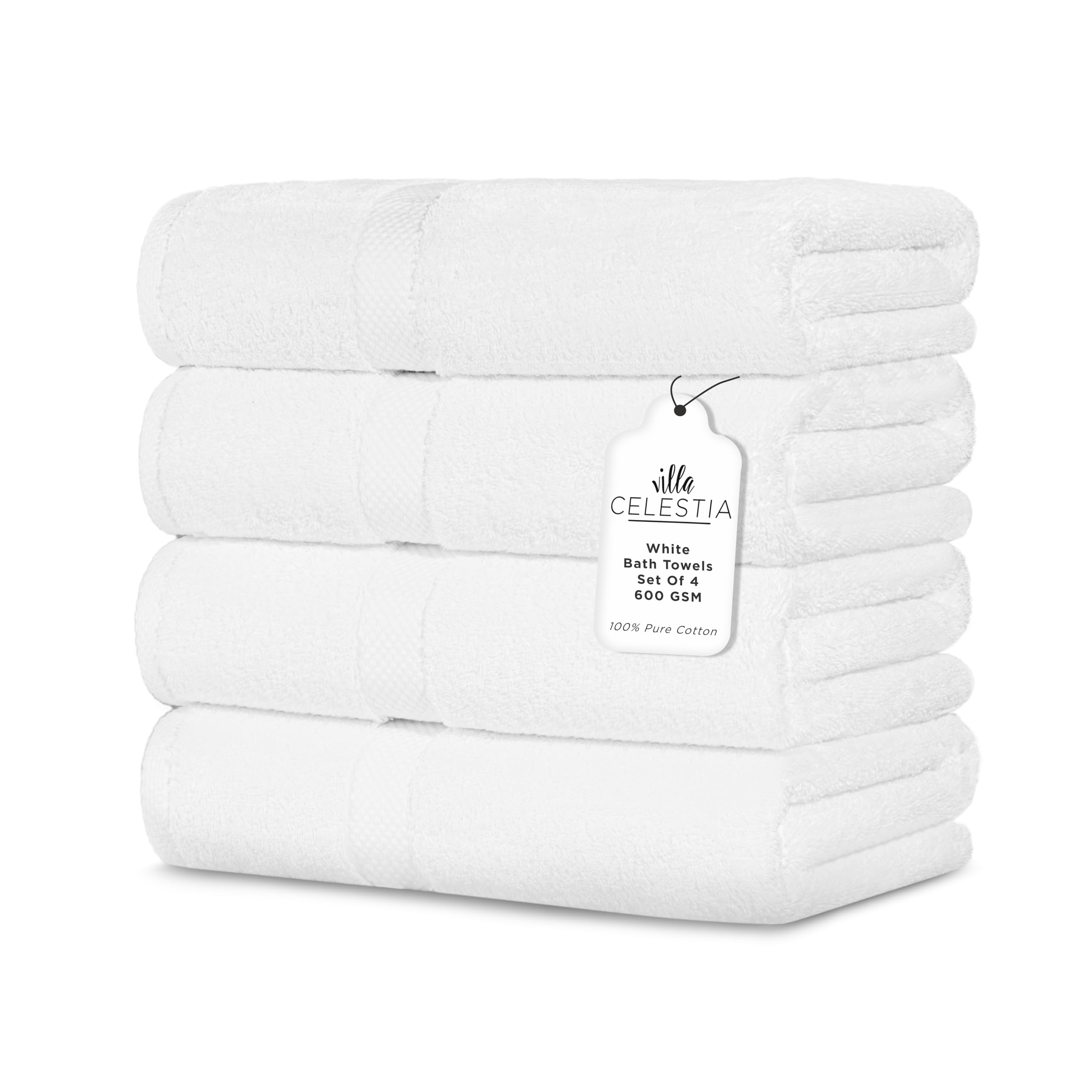 Villa Celestia 600 Gsm 100% Cotton Bath Towels, White, Set Of 4, Highly Absorbent, Plush, Soft, Quick Dry, 4 Pieces Combed Cotto