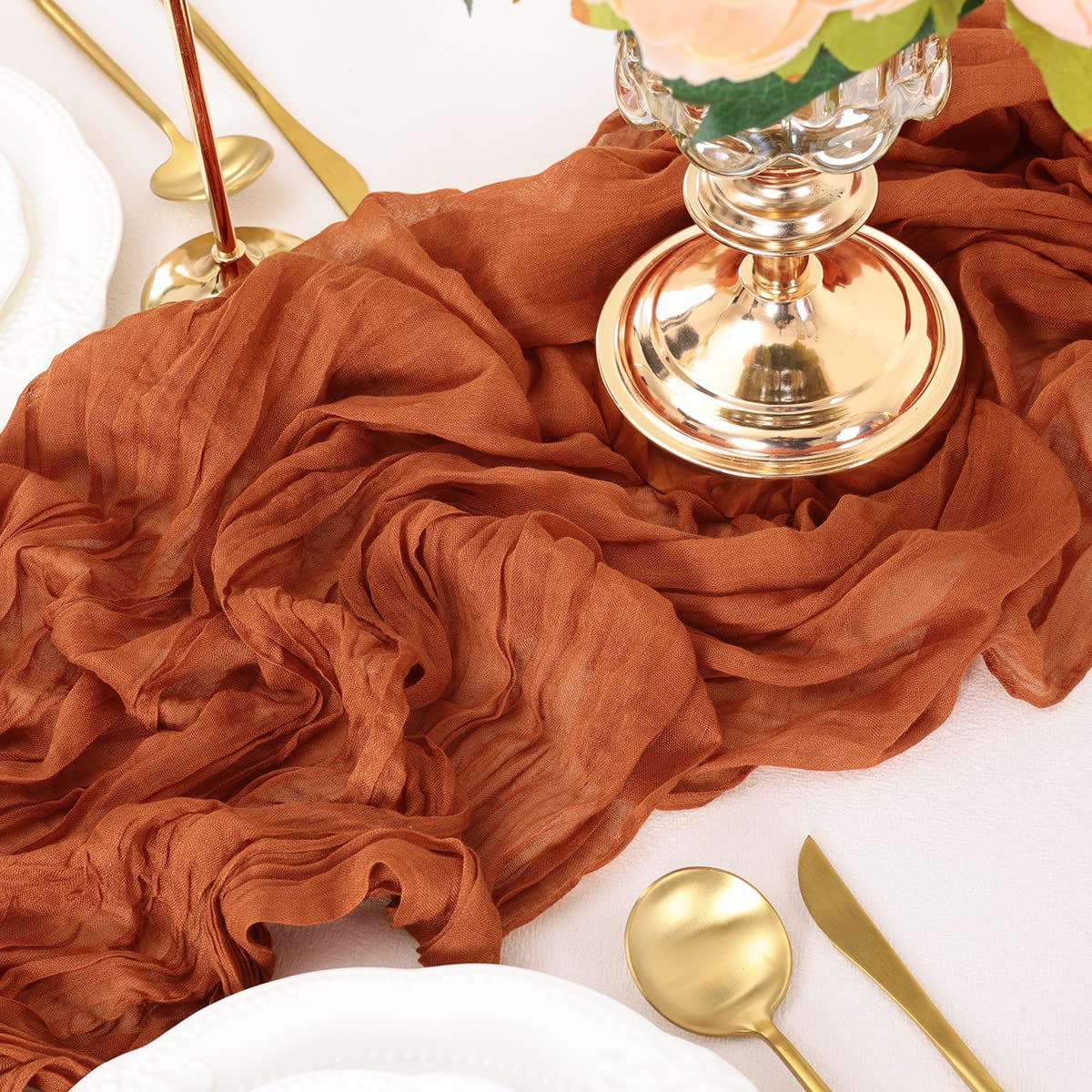 LINXTAR Terracotta Cheesecloth Table Runner 14Ft x 35'' Vintage Rustic Gauze Tablecloth Boho Elegant for Wedding Baby Shower Party Table Centerpiece  Photography Background