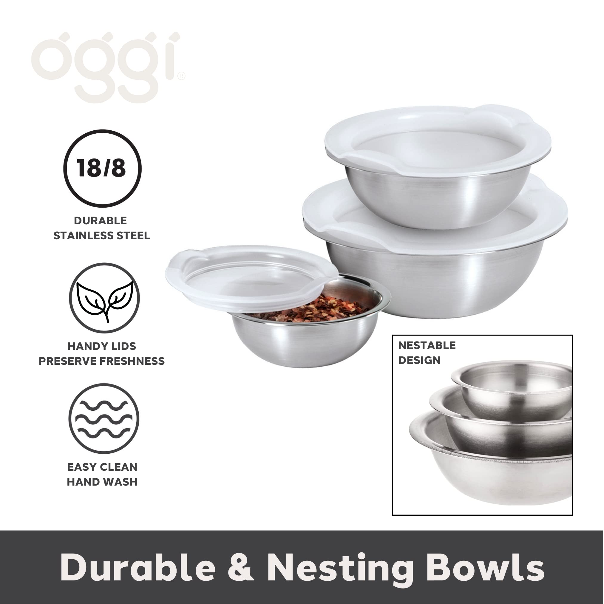 Oggi Set of 3 Mini Stainless Steel Pinch Bowls with Lids - 2oz/4oz/8oz Sizes - Ideal for Food Prep, Assorted Colors