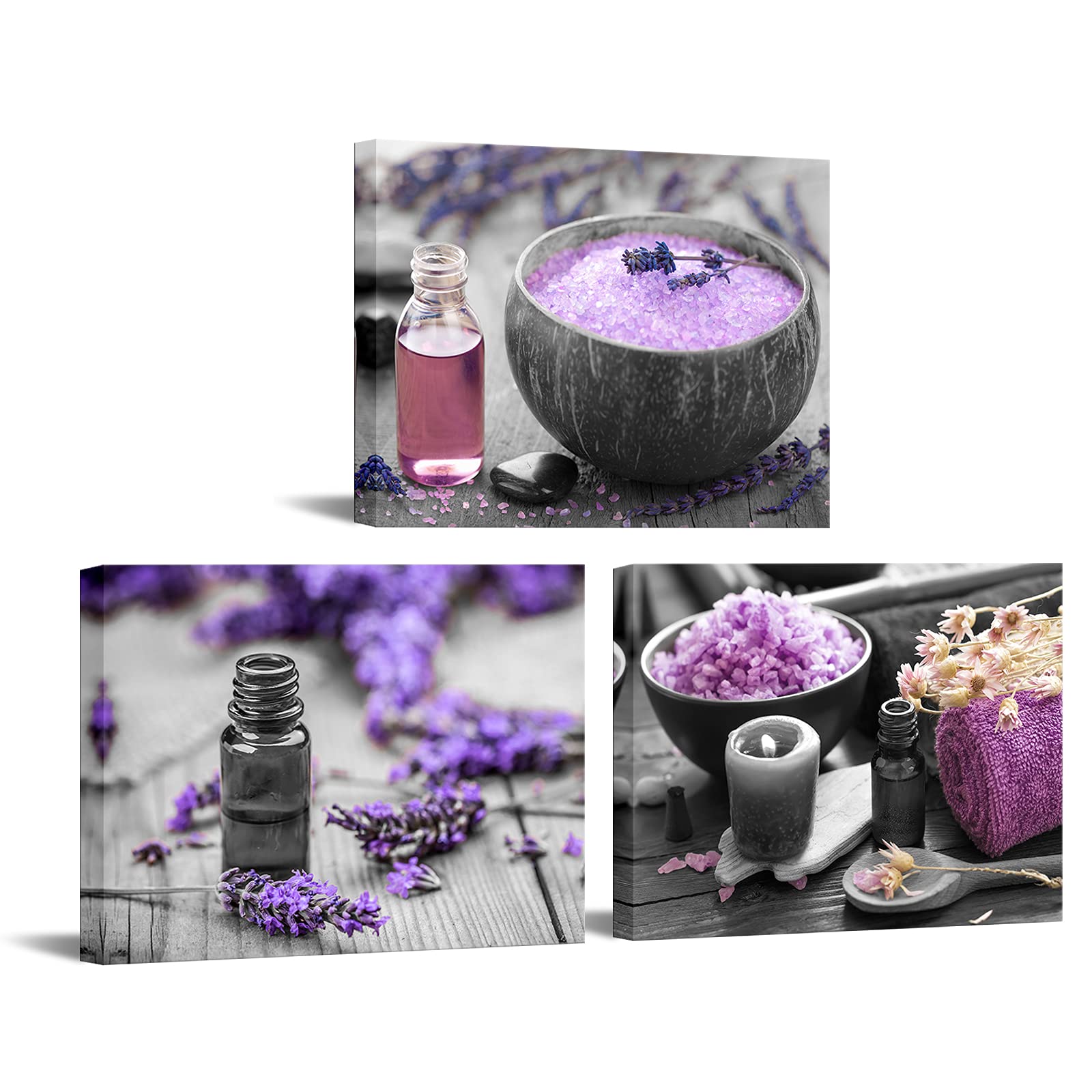 Levvarts 3 Piece Canvas Wall Art For Bathroom Wall Decor Purple Lavender Flower And Spa Salt Picture Painting Print On Canvas Ze