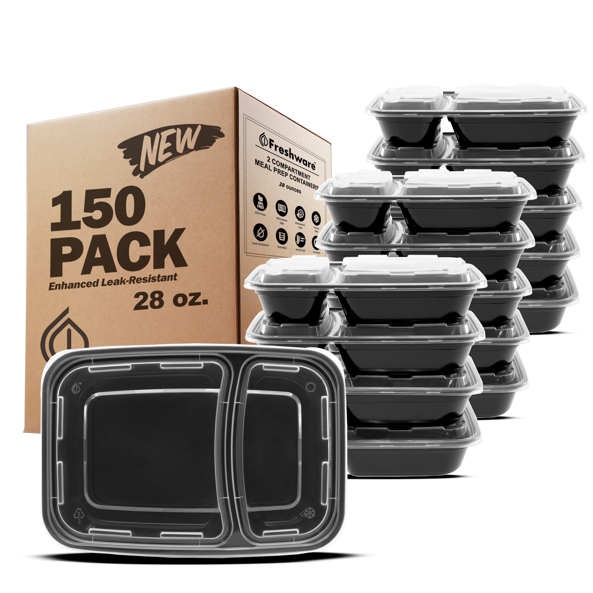 Freshware Meal Prep Containers with Lids 28 oz [150 Pack] 2-Compartment Food Storage Containers, Bento Box Lunch Containers, BPA