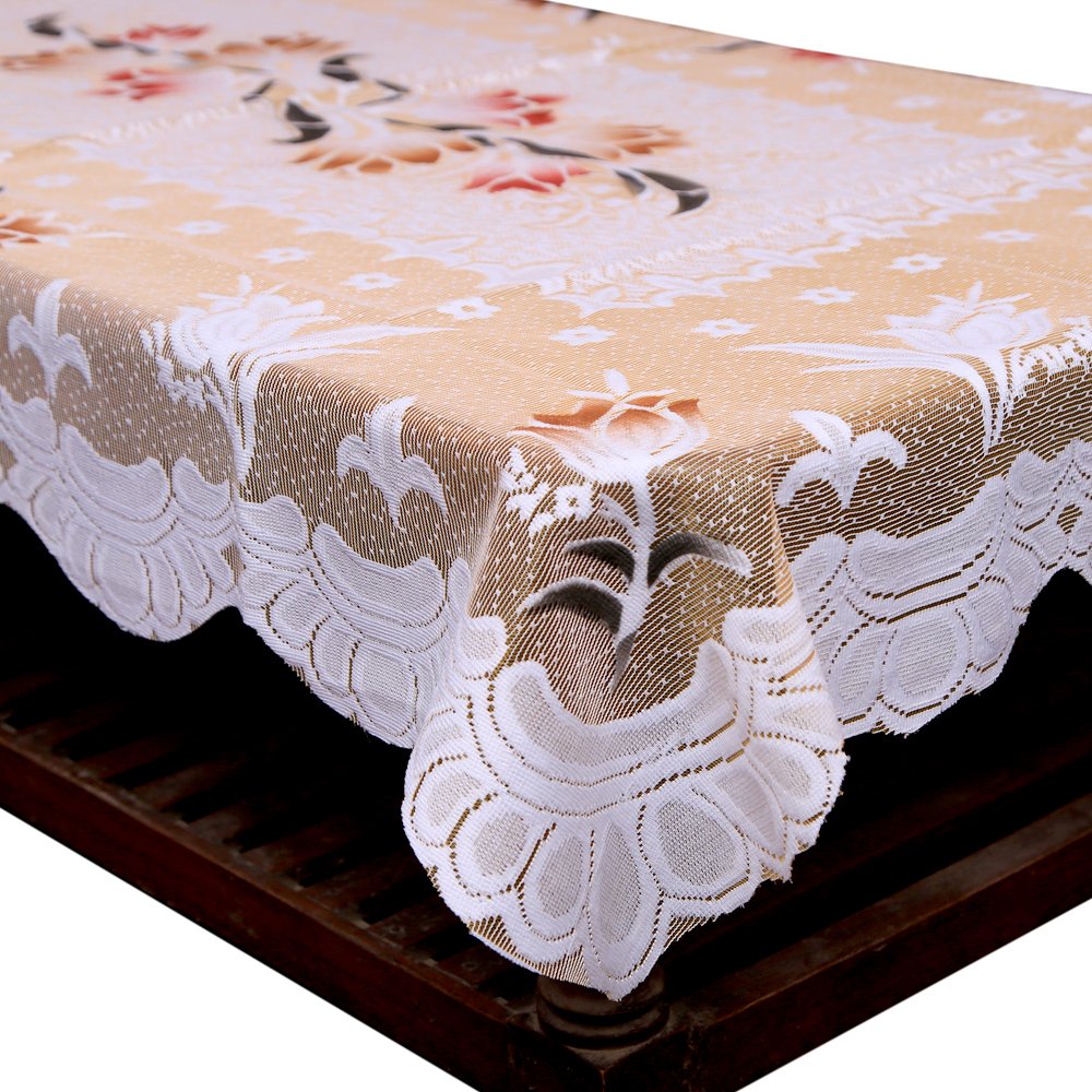 Kuber Industries Dining Table Cover Cream Cloth Net For 6 Seater 6090 Inches (Exclusive Floral Design)
