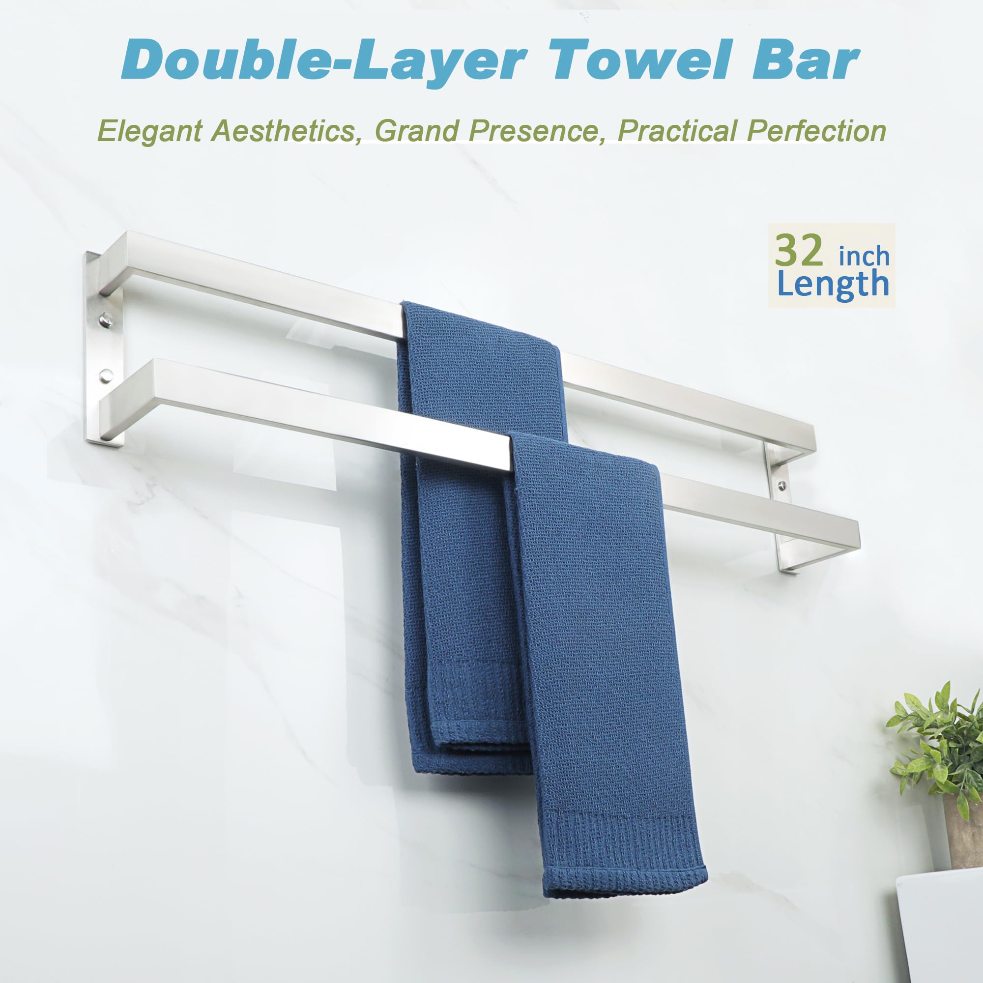 Alise Double Towel Bar 32'', Sus304 Stainless Steel Towel Racks For Bathroom Wall Mounted, Space Saving Bathroom Towel Holder, L