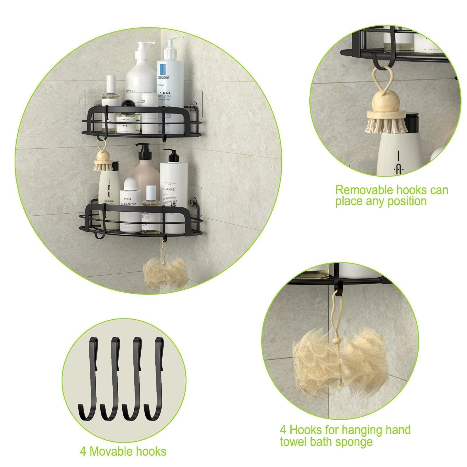 Steugo Black Bathroom Corner Shower Shelfs, Adhesive Wall Mounted Shower Caddy With 4 Movable Hooks, Rustproof Stainless Steel B