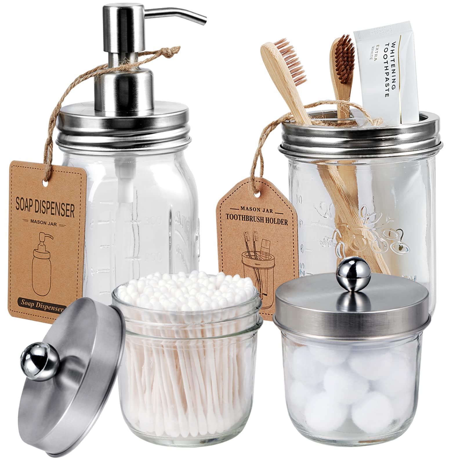 Amolliar Mason Jar Bathroom Accessories Set(4 Pack) - Lotion Soap Dispenser&Qtip Holder Set&Toothbrush Holder-Rustic Farmhouse D
