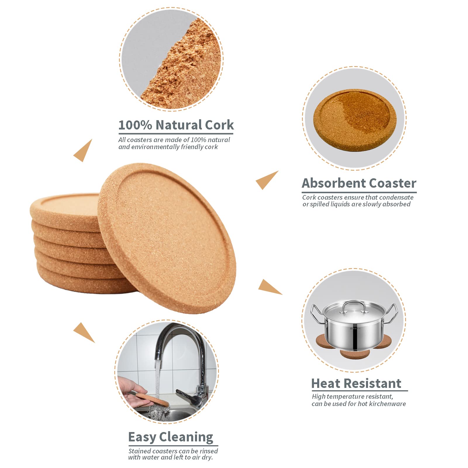 Timeasy Cork Coasters For Drinks Absorbent - 6 Pcs 4 Inch Cork Coasters With Lip Heat Resistant Reusable Drink Coaster Set Extra