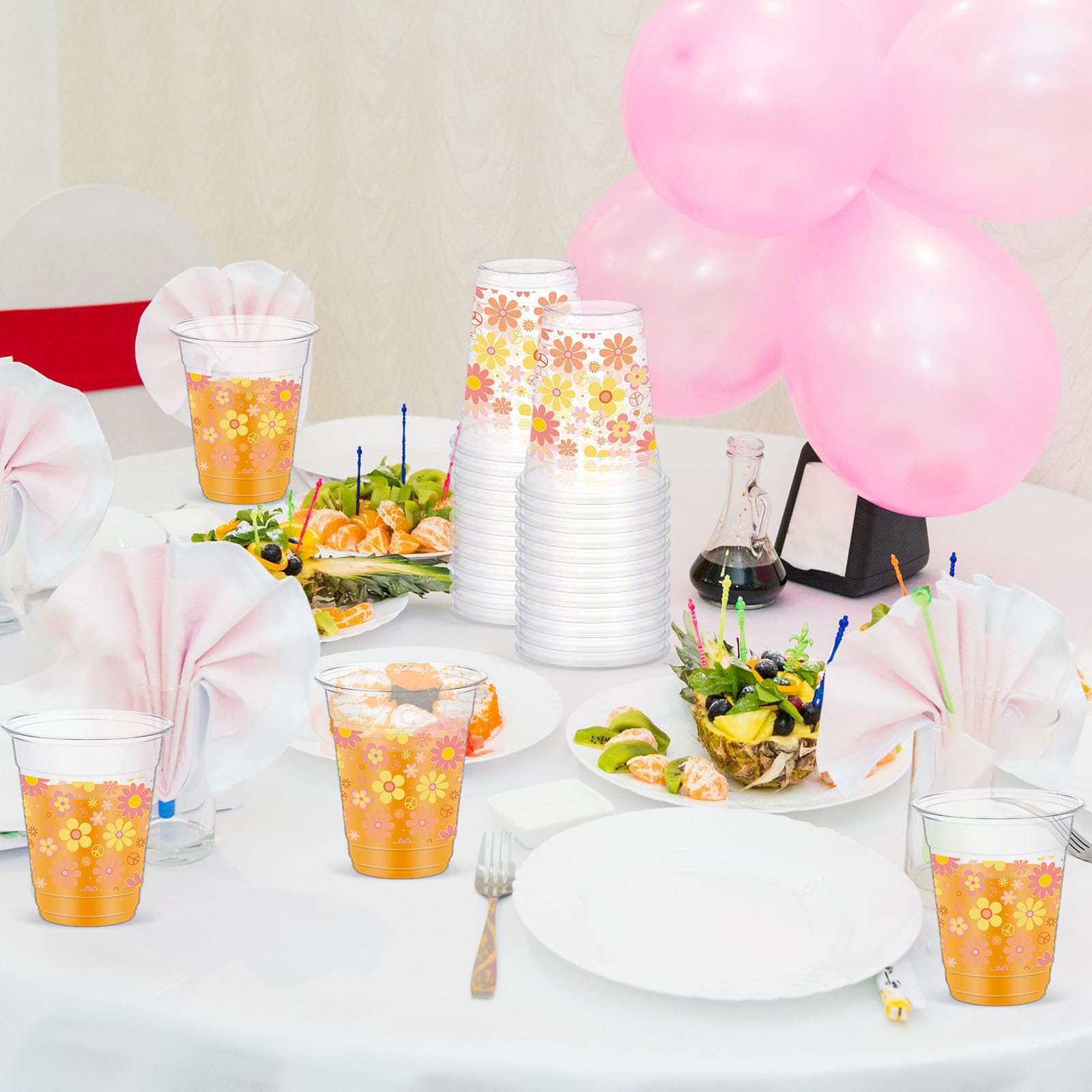 Yaomiao 50 Pieces Groovy Plastic Cups 12 Oz Bulk Retro Hippie Clear Disposable Cups Daisy Flower Drinking Beverage Cups For Birt