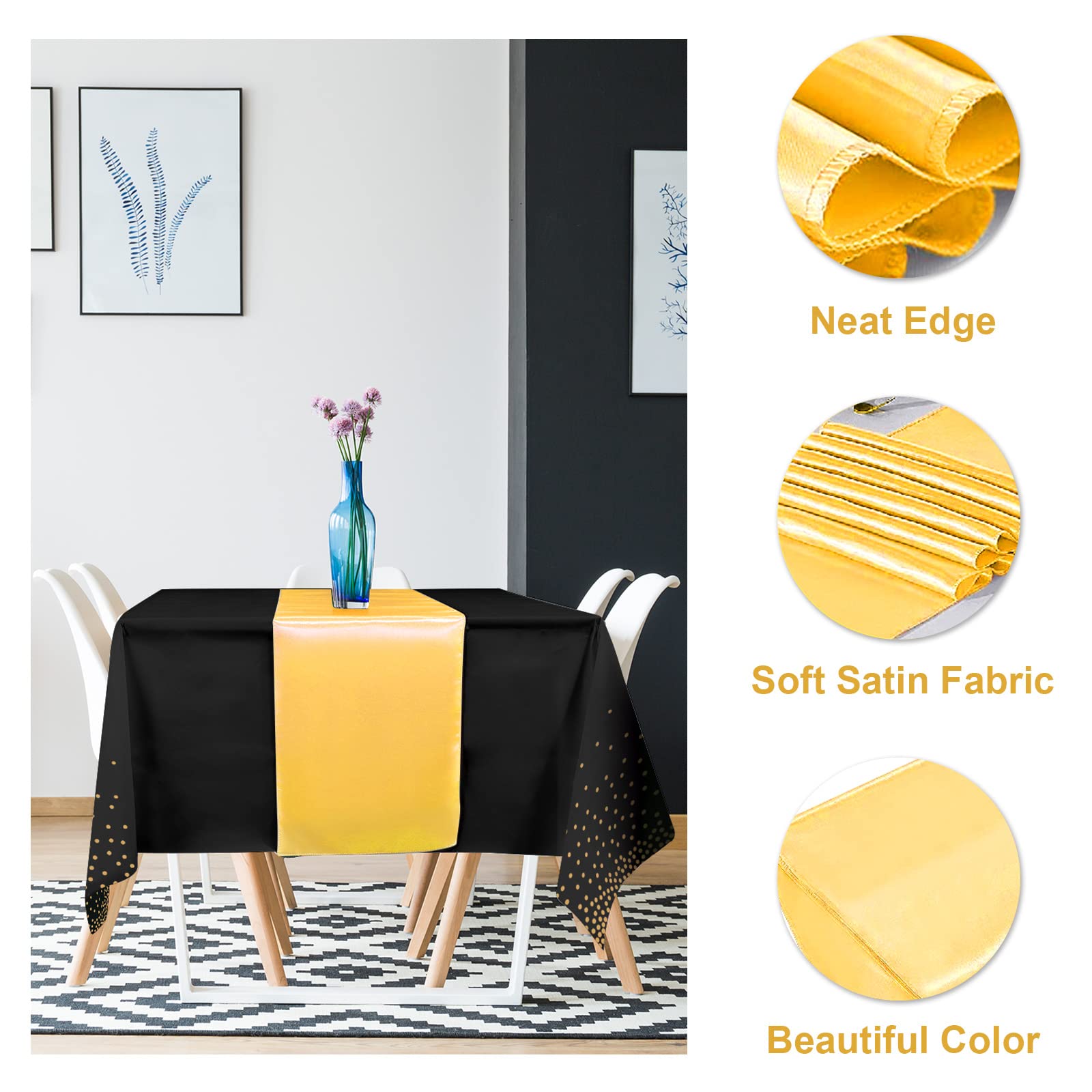 8Pack Disposable Plastic Tablecloths And Satin Table Runner Set Black Gold Dot Table Cloth Gold Satin Table Runner For Graduatio