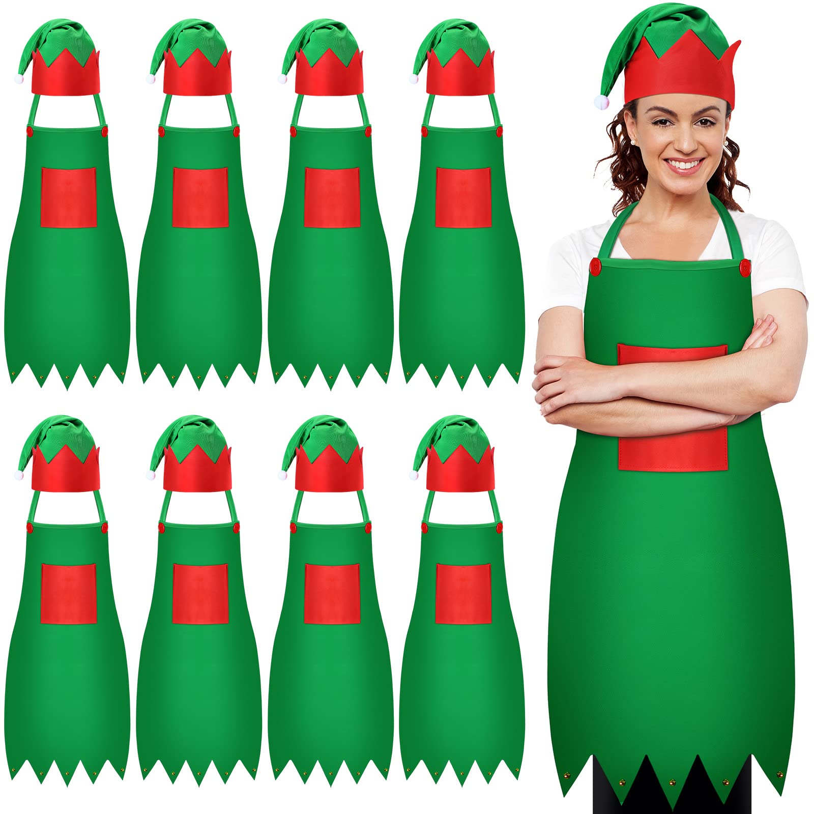 16 Pieces Christmas Elf Apron Kits Red and Green Adults Elf Costume for Women Santa Aprons Hats Christmas Party Costume (Green)