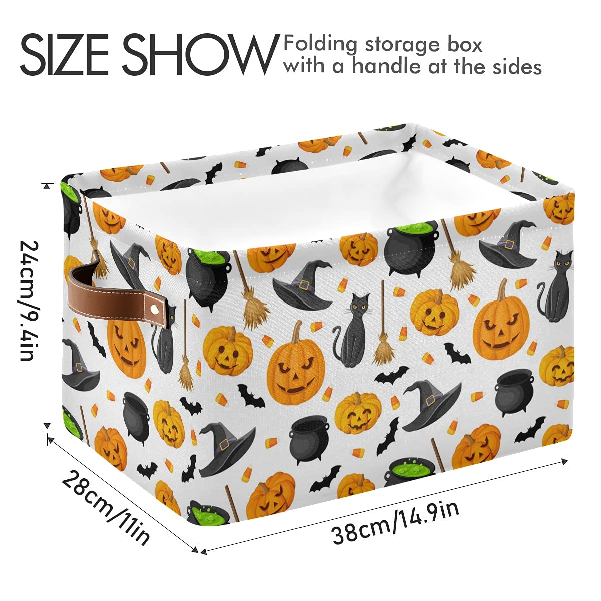 Senya Halloween Basket, Large Foldable Storage Basket With Handles Halloween Pumpkin Black Cat Ghost Bat Pattern Fabric Collapsi