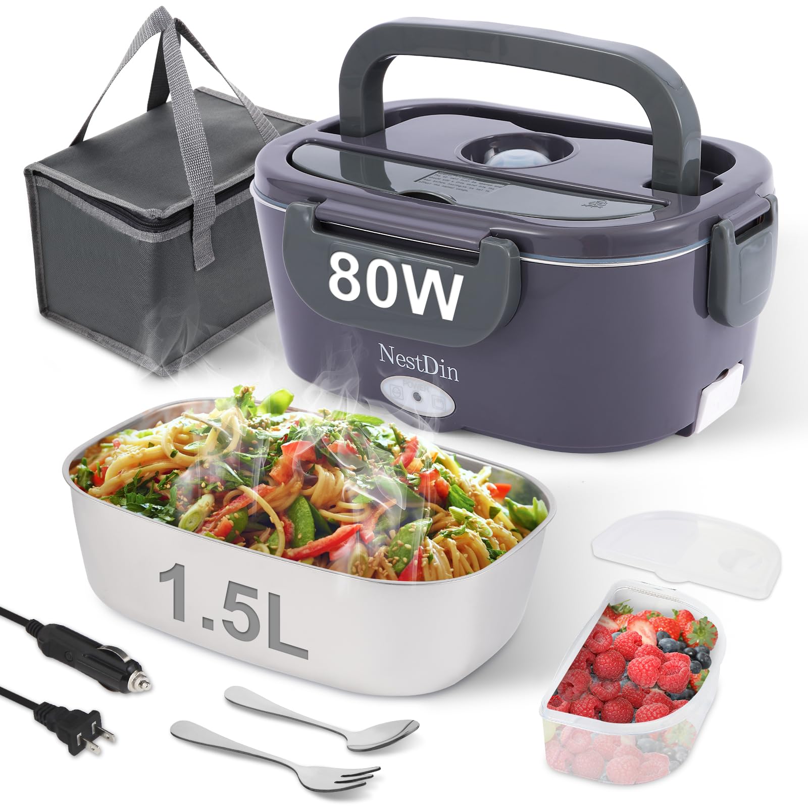 NestDin 80W Electric Lunch Box for Adults, Portable Heated Lunch Box for Men, 1.5L Food Warmer Lunchbox for Car/Truck/Office, 12