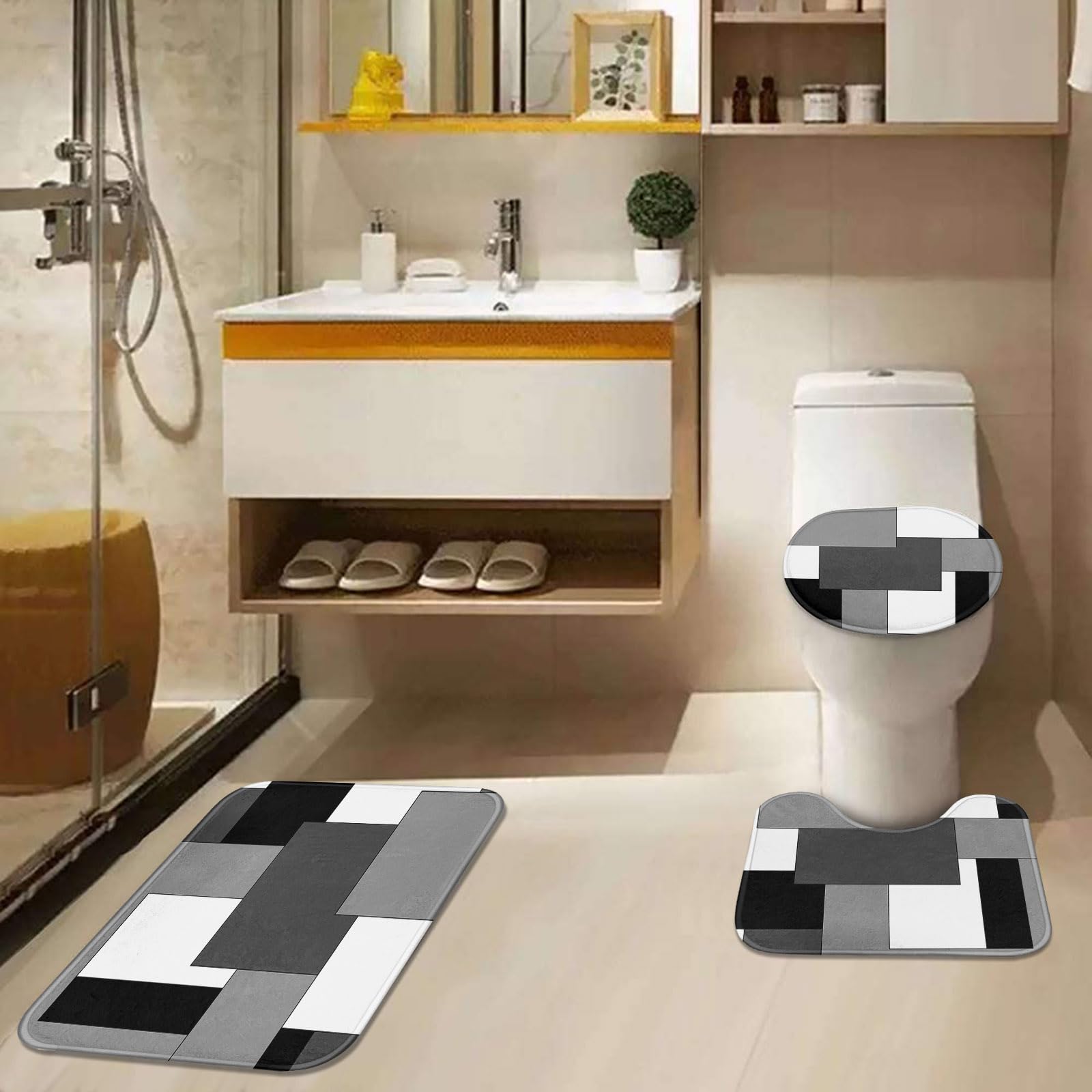 Tayney Grey Geometric Shower Curtain Set - 4 Pcs, Polyester, 72"W x 72"L, Abstract Black White Checkered with Toilet Lid Cover & Rugs