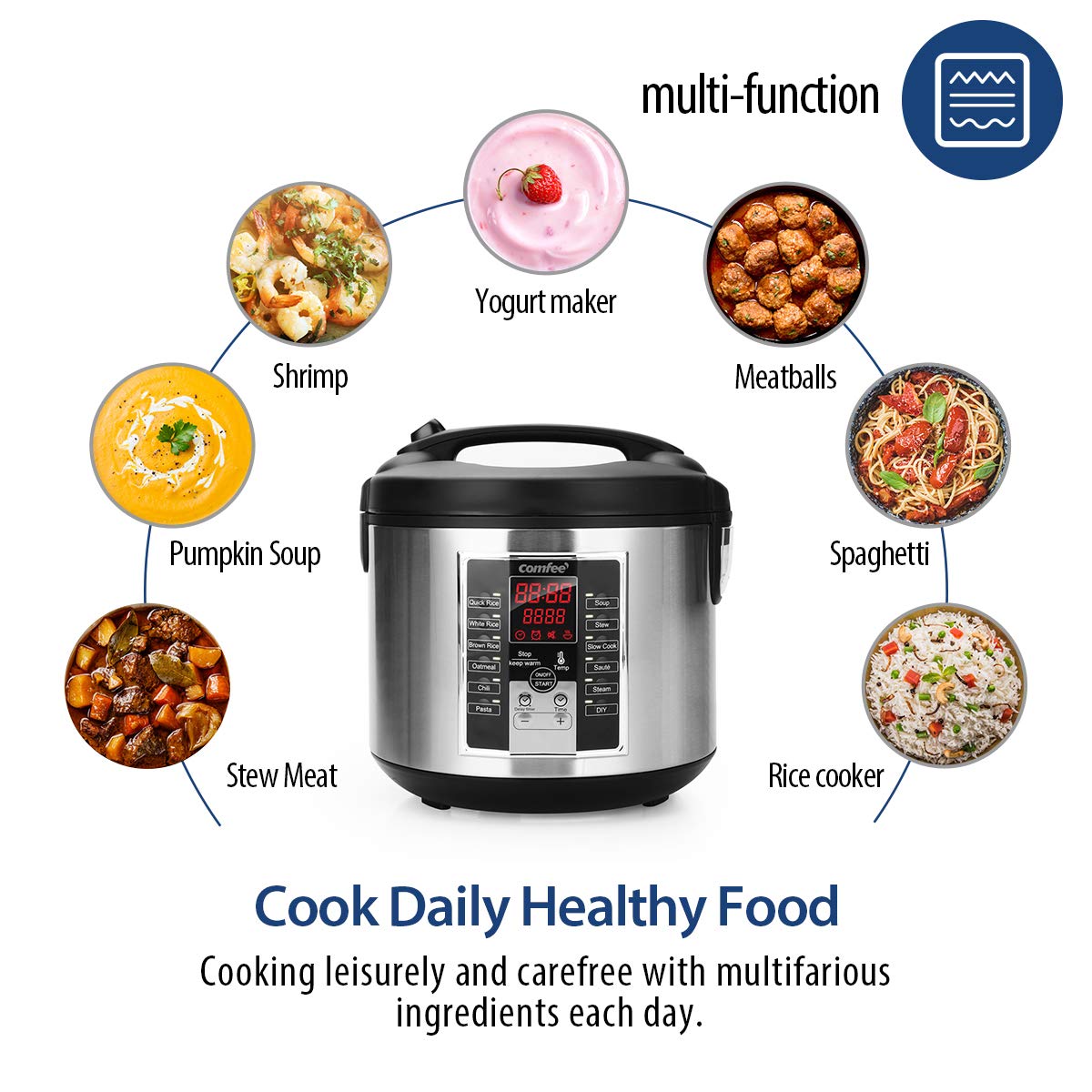 Comfee' Rice Cooker, Slow Cooker, Steamer, Stewpot, Saut   All In One (12 Digital Cooking Programs) Multi Cooker (5.2Qt ) Large