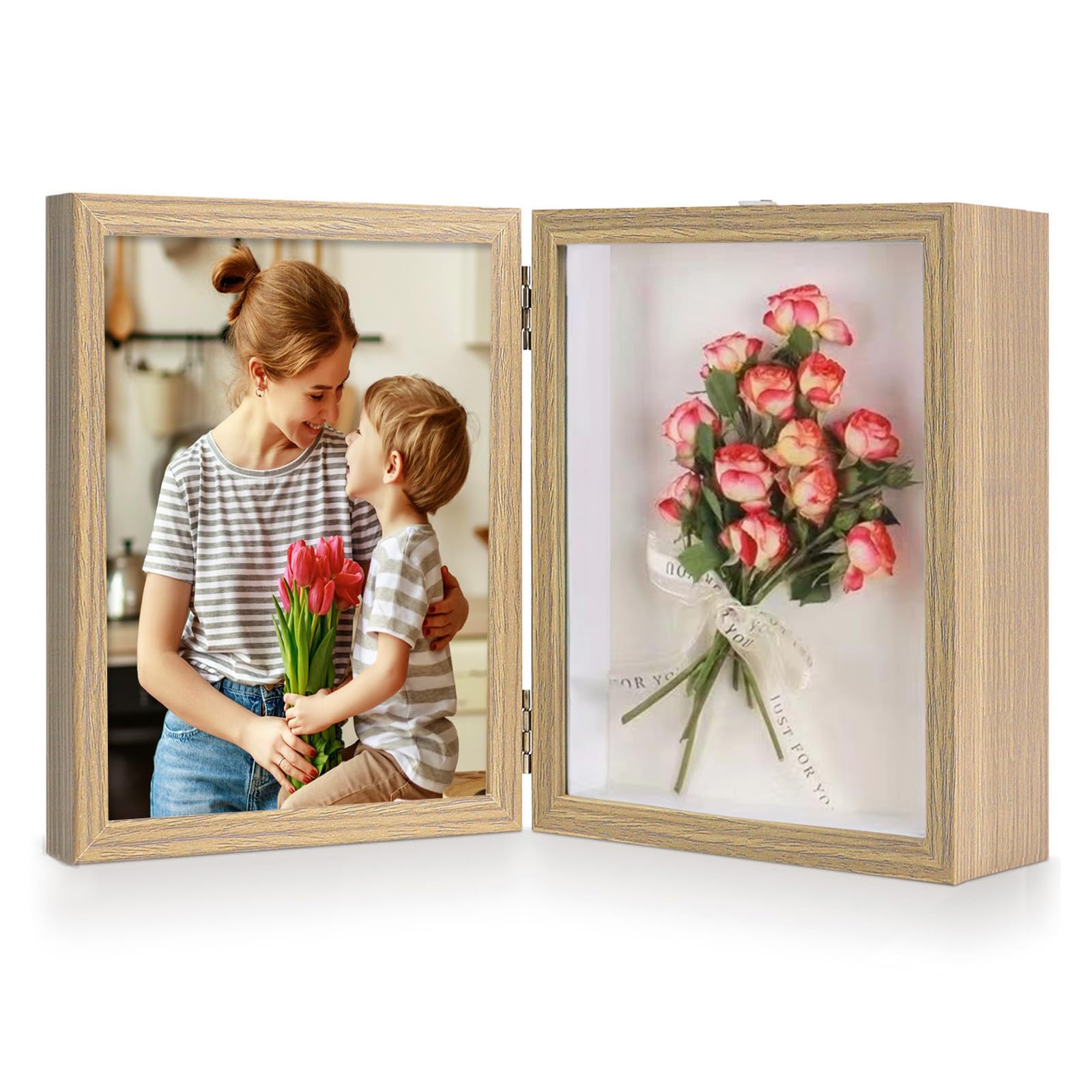 ZEEYUAN 4x6 Picture Frame Hinged Double Frame with Shadow Box Display Case, 4x6 Folding Photo Frame Rustic with Glass Front Stan