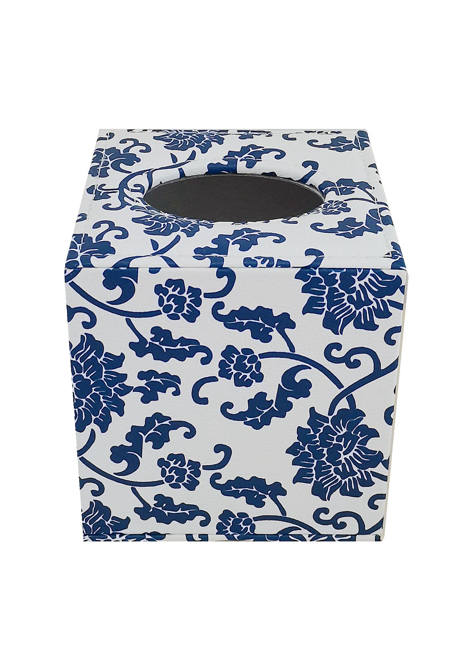 S Forever Faux Leather Tissue Box Cover - Square, Blue and White Porcelain, Model SNF005