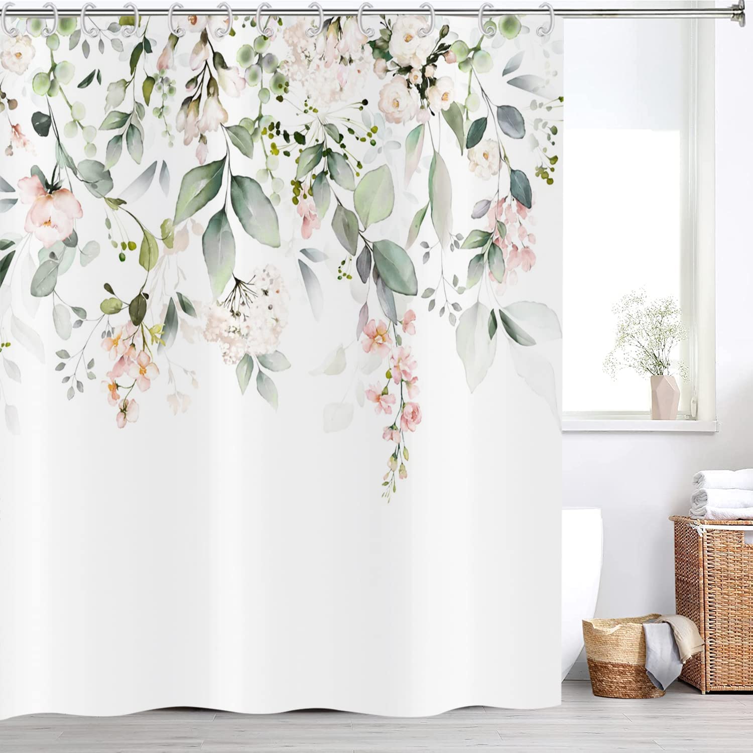 Gcirec Spring Eucalyptus Shower Curtain, Sage Green Eucalyptus Leaves Botanical Plants With Pink Flowers On The Top Fabric Bathr