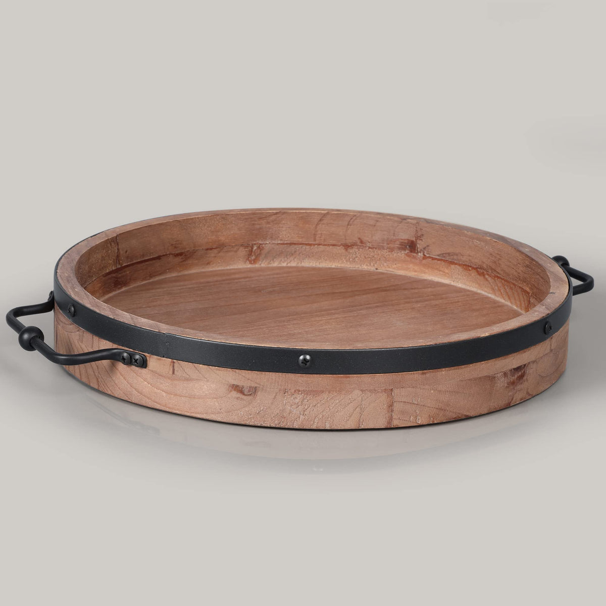 Round Coffee Table Tray - 13'' Farmhouse Wood Serving Tray With Metal Handles - Round Decorative Tray For Coffee Table - Round O