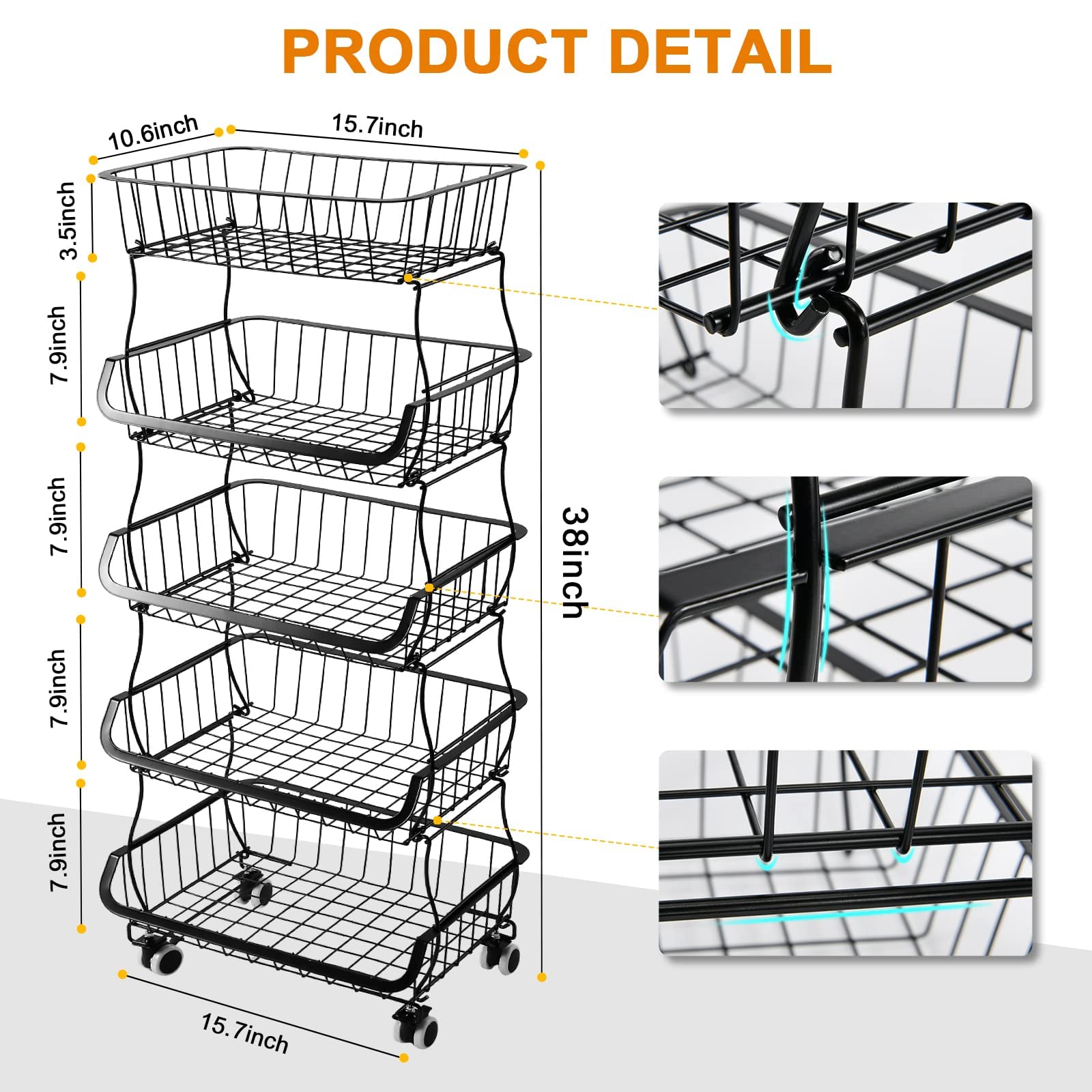 Fruit Vegetable Storage Basket  5 Tier Stackable Metal Wire Storage Baskets with Wheels  Fruit Vegetable Produce Basket Organizer Bins for Kitchen  Pantry  Bathroom