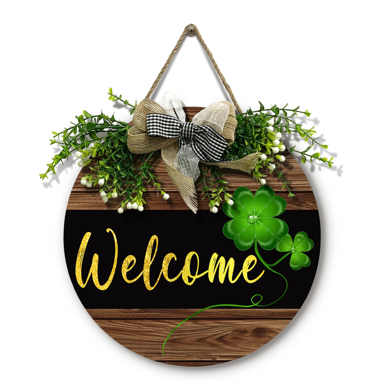Dacawin St. Patricks Day Welcome Door Sign Spring Gold Printing Wooden Hanging Signs With Wreath Shamrock Clover Front Door Sig