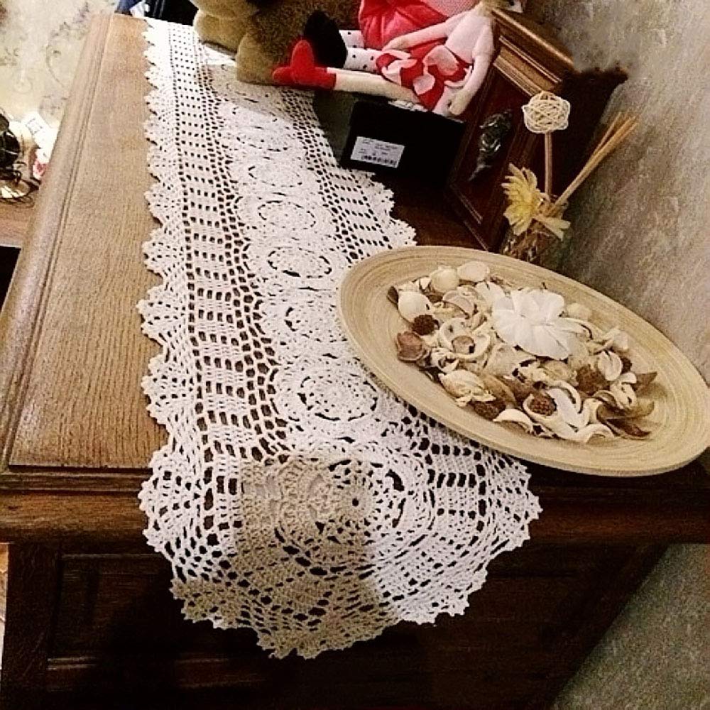 Hetao 12X35 100% Cotton Handmade Crochet Lace Table Runners Oblong Tablecloth Doilies Doily,White