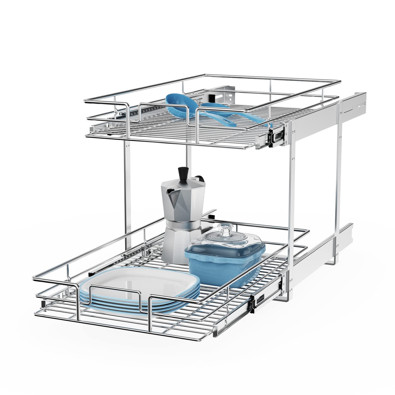 Roomtec Individual Pull Out Cabinet Organizer (14'' W X 18'' D), 2 Tier Spice Rack Organizer For Cabinet, Slide Out Drawer Pantr