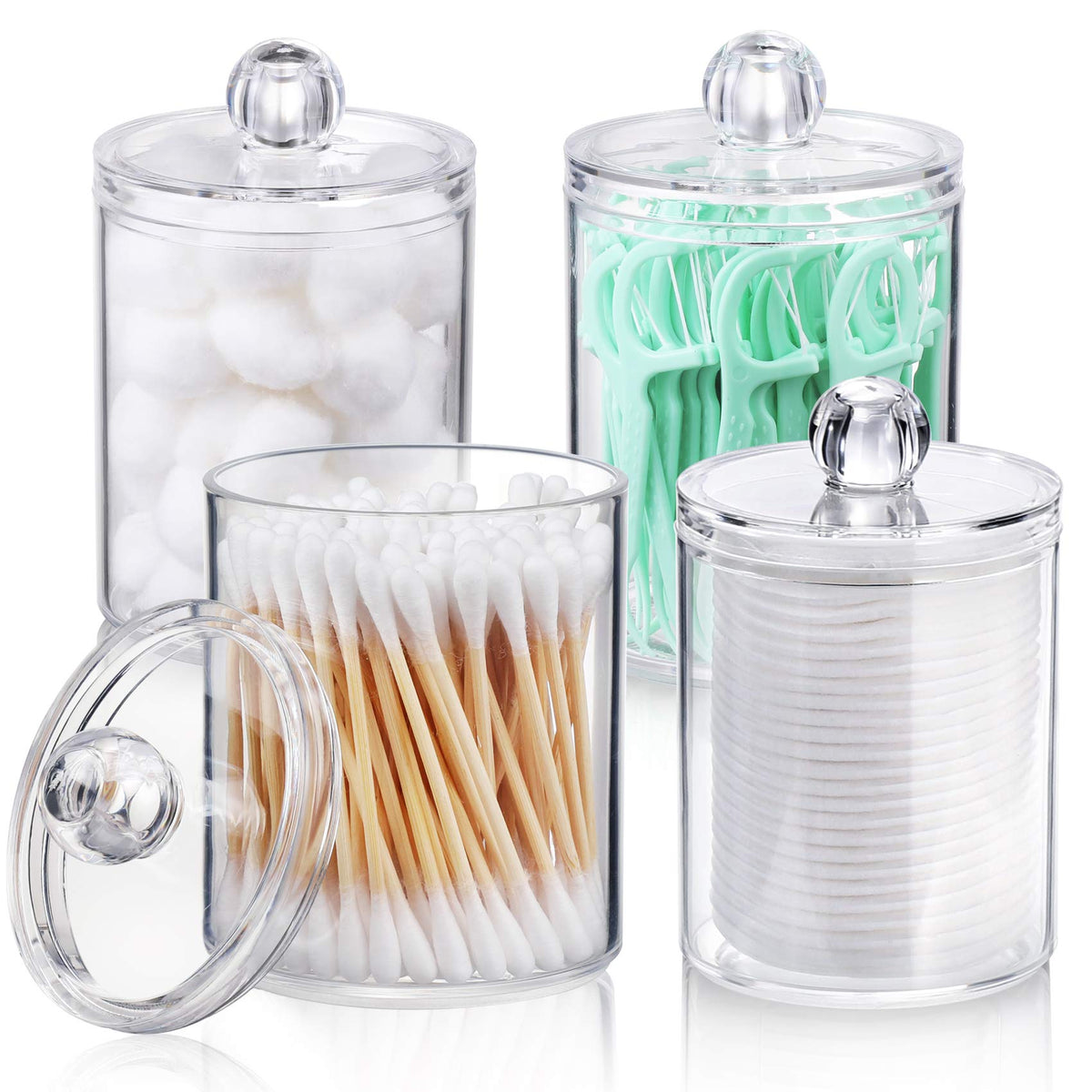 4 Pack Qtip Holder Dispenser For Cotton Ball, Cotton Swab, Cotton Round Pads, Floss Picks - 10 Oz Clear Plastic Apothecary Jar S