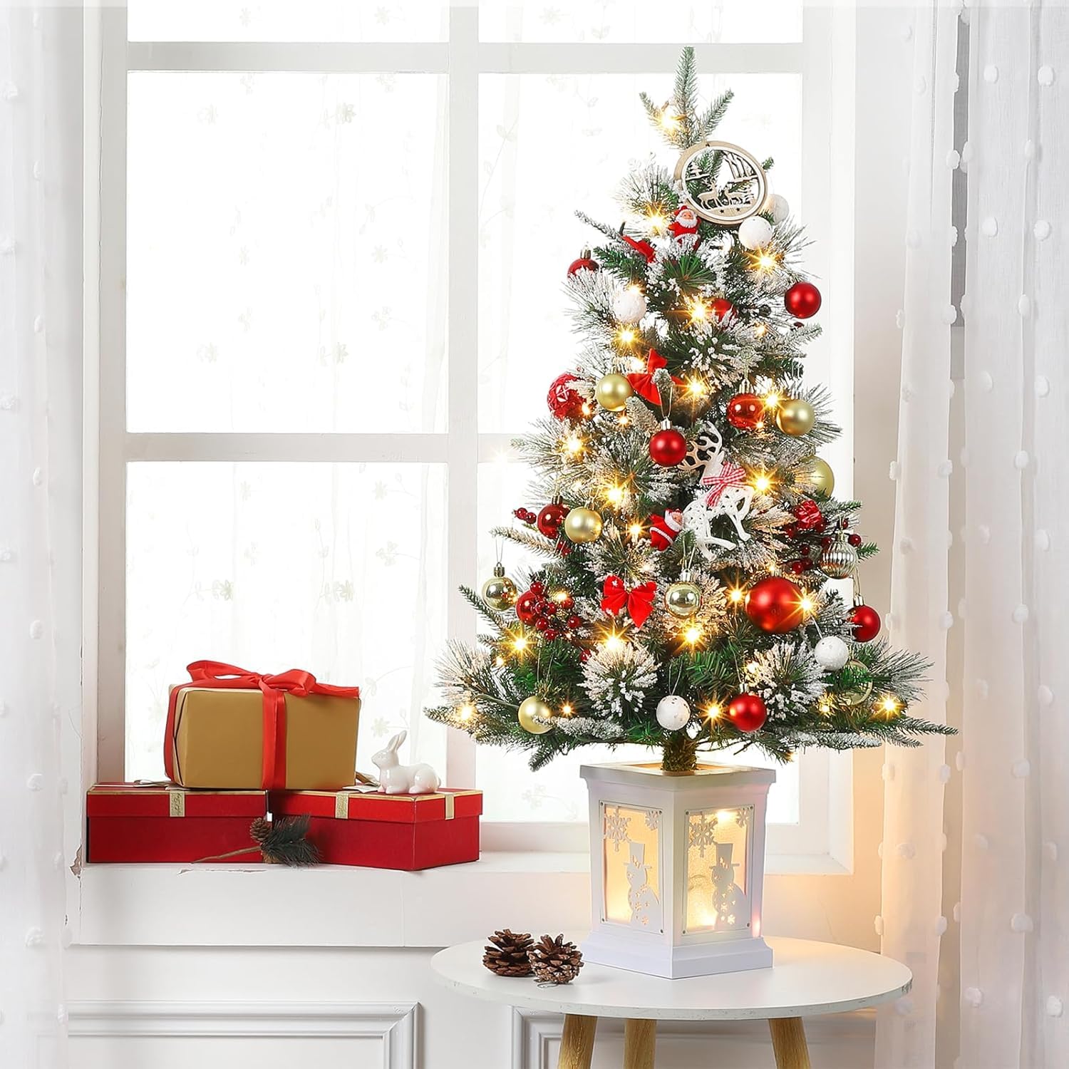 3ft Christmas Tree Pre-Lit Artificial Christmas Tree with Vintage Potted Base, Flocked Snow 78 Warm White LED Lights 8 Lighting