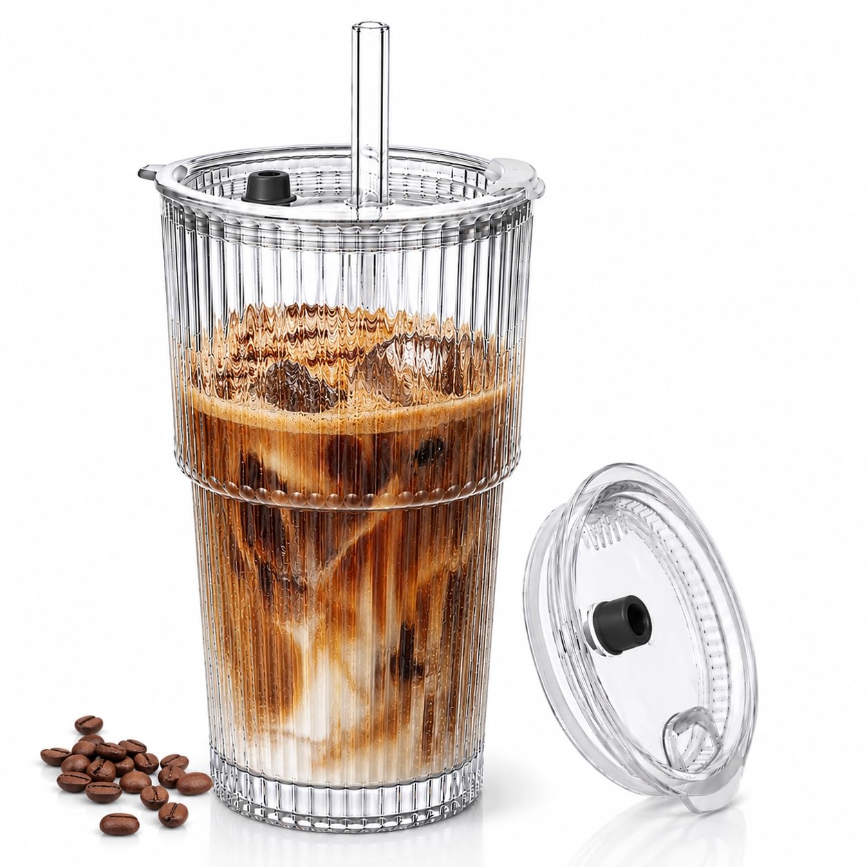 BeOrganixa Vintage Ribbed Glass Cup 600ml with Lid & Glass Straw | Clear Reusable Drinking Tumbler for Iced Coffee, Cold Brew, S