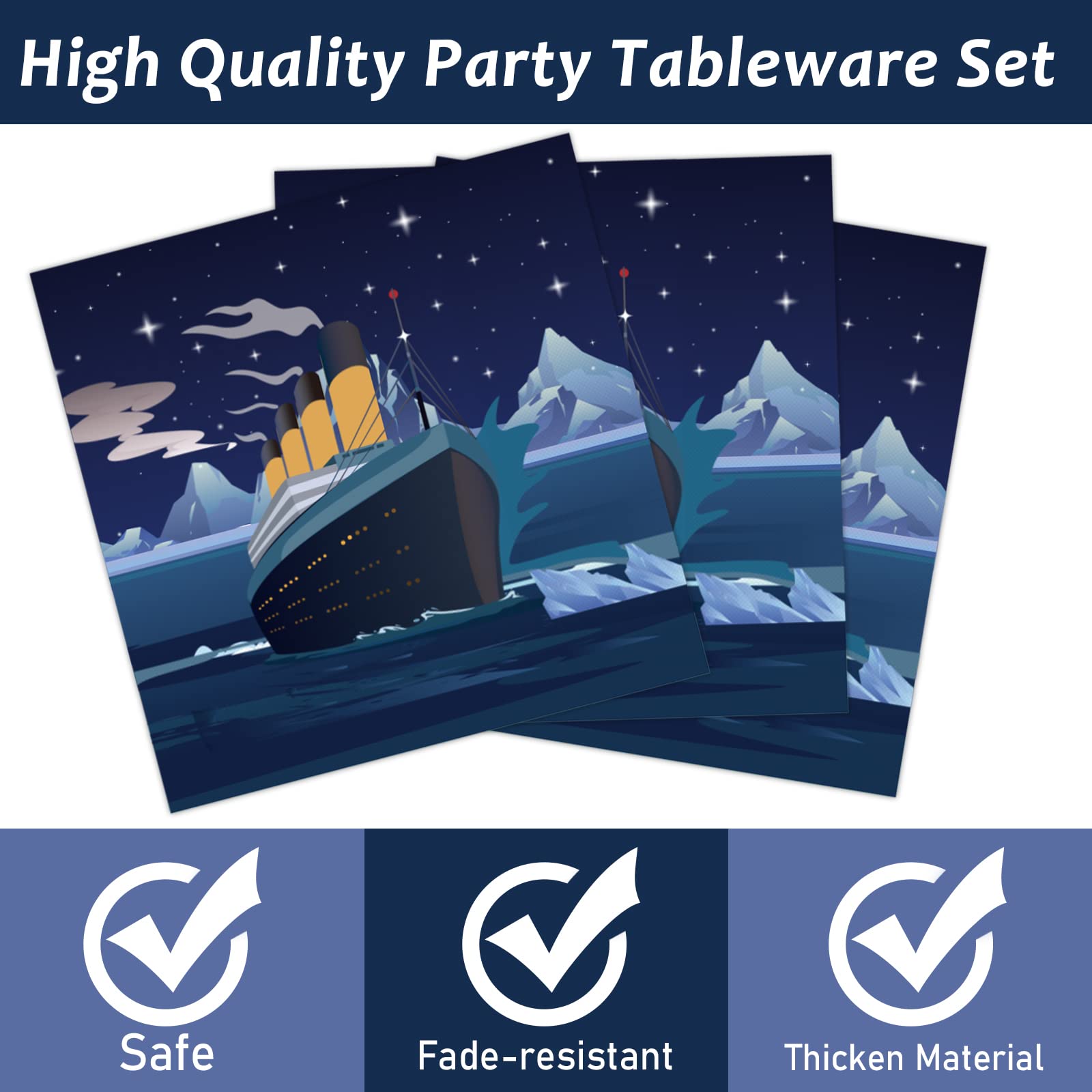 chiazllta 96 Pcs Titanic Party Paper Plate and Napkins Titanic Birthday Party Table Decoration Supplies Ocean Party Paper Plate Napkin Fork for Party Favors 24 Guests