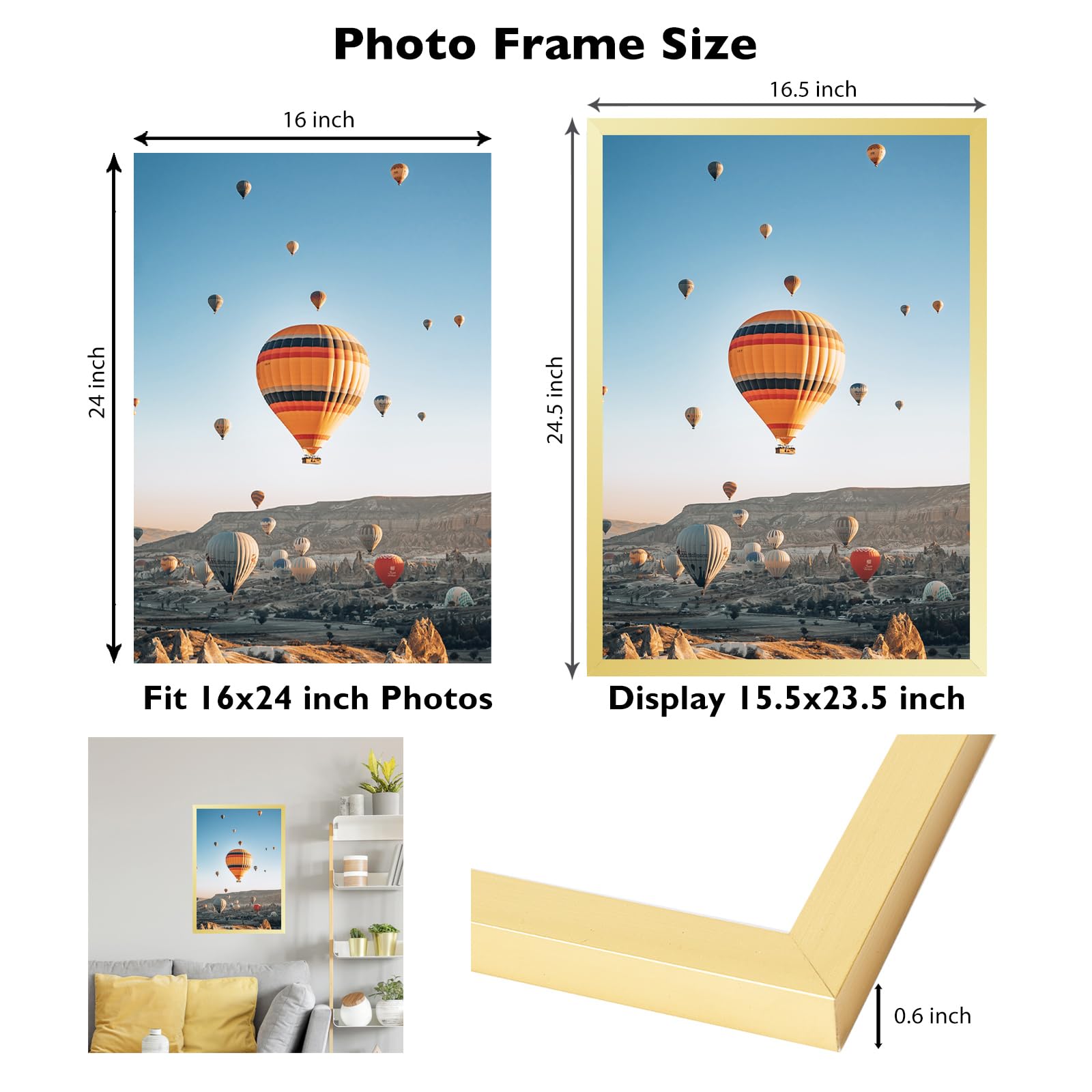 JCJMY 16x24 Picture Frame Gold for Poster Photo Picture and 40x60 cm Canvas, Horizontal and Vertical Formats for Wall Hanging, 1