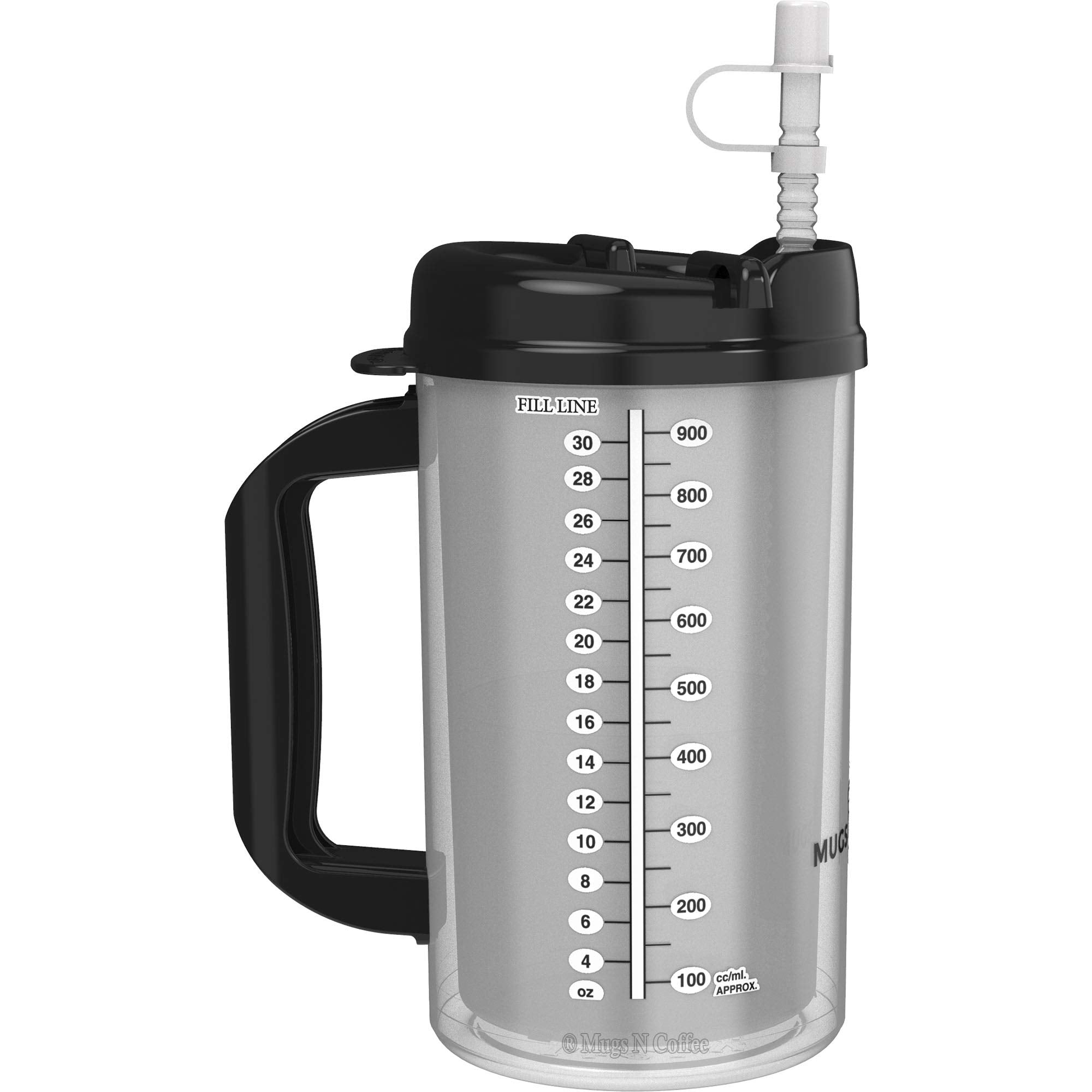 Mugs N Coffee 32 Oz Double Walled Hospital Mug With Straw - Black Lid And Handle