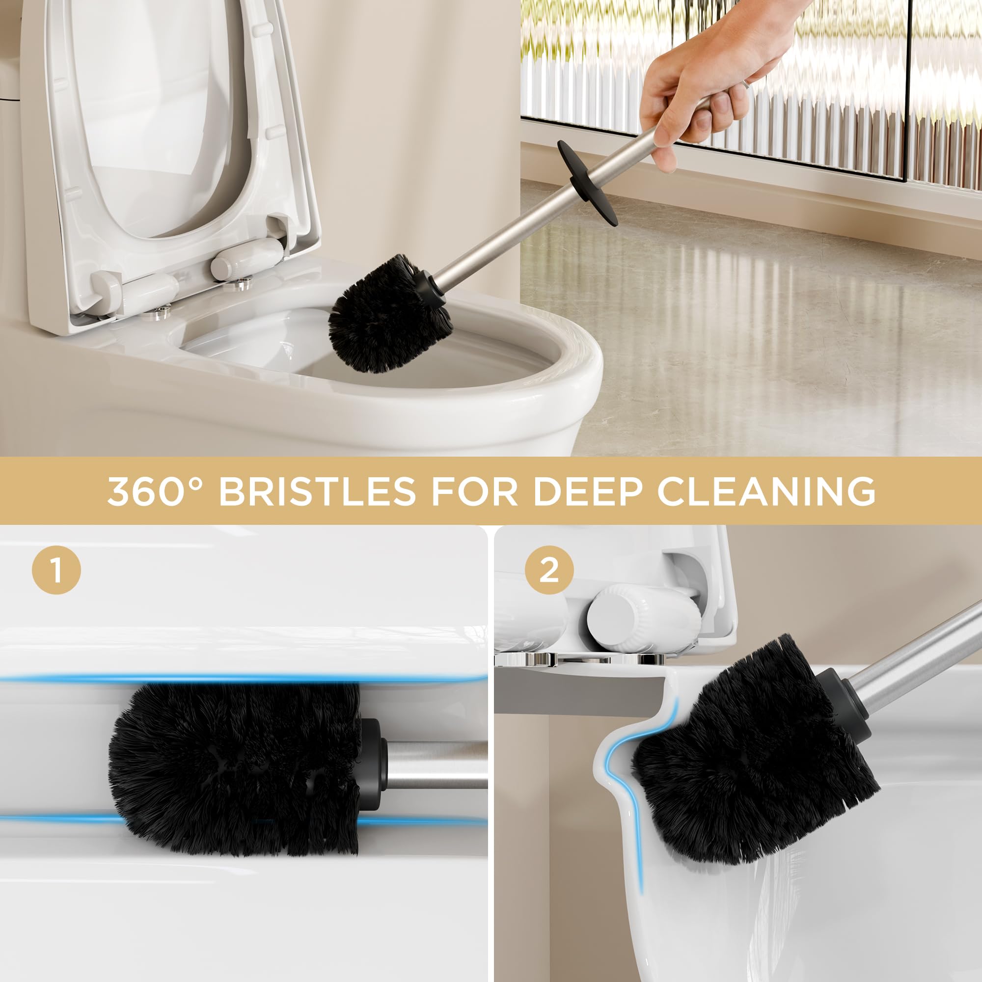 Forious Toilet Brush And Holder Set, Heavy Duty 304 Stainless Steel Base Square And Long Handle For Bathroom Deep Cleaning, Drip