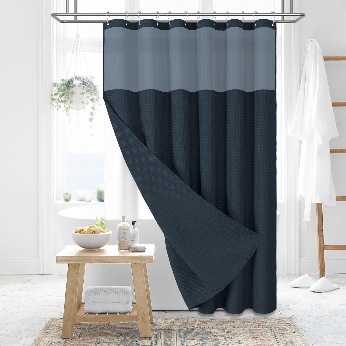 Dynamene Extra Long Shower Curtain, 84 Inch Long Waffle Fabric Shower Curtain For Bathroom, Tall Waterproof Cloth Shower Curtain